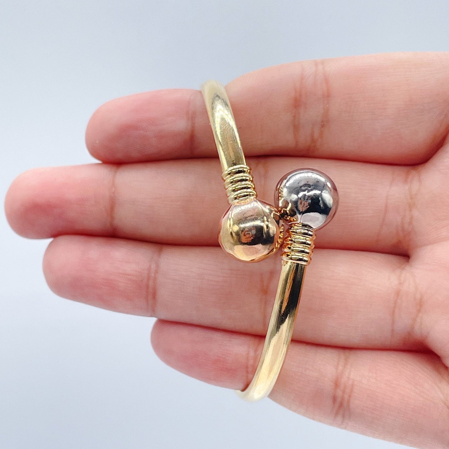 18k Gold Filled Two Ball Plain Tricolor Bangle Bracelet Jewelry