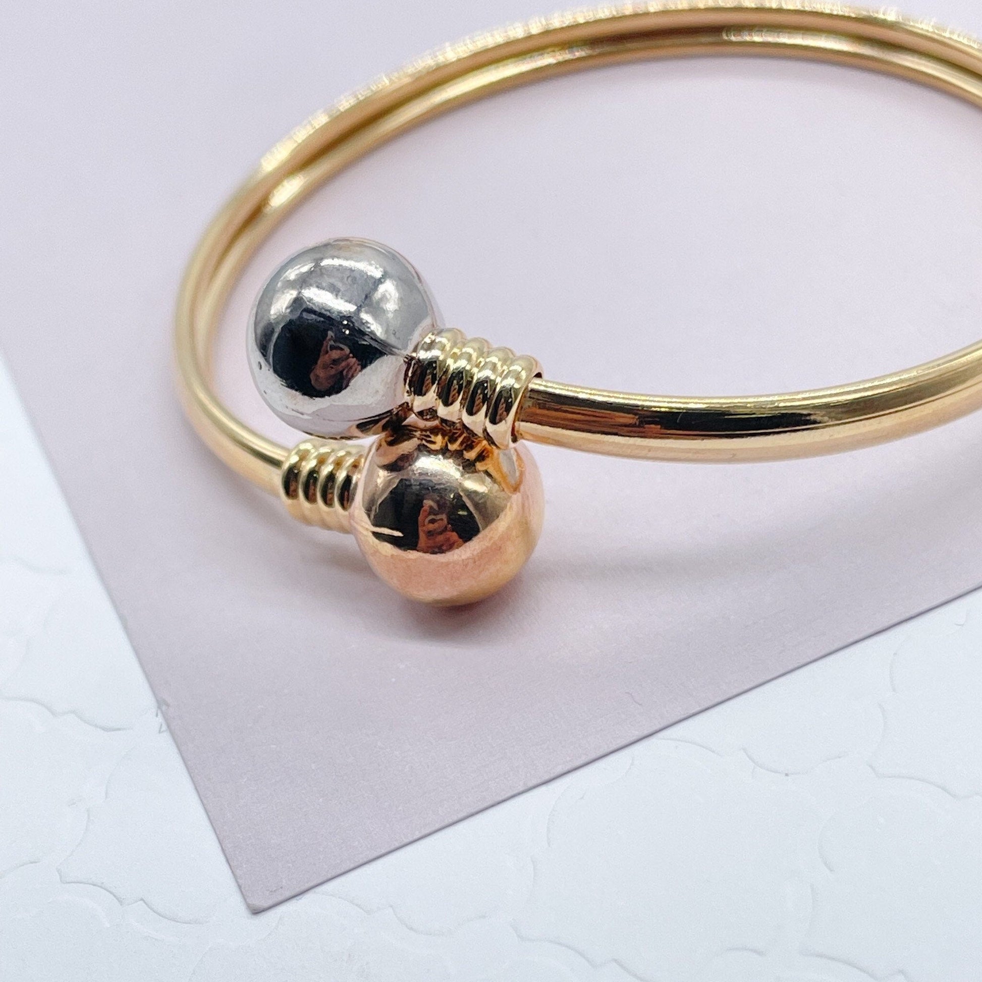 18k Gold Filled Two Ball Plain Tricolor Bangle Bracelet Jewelry