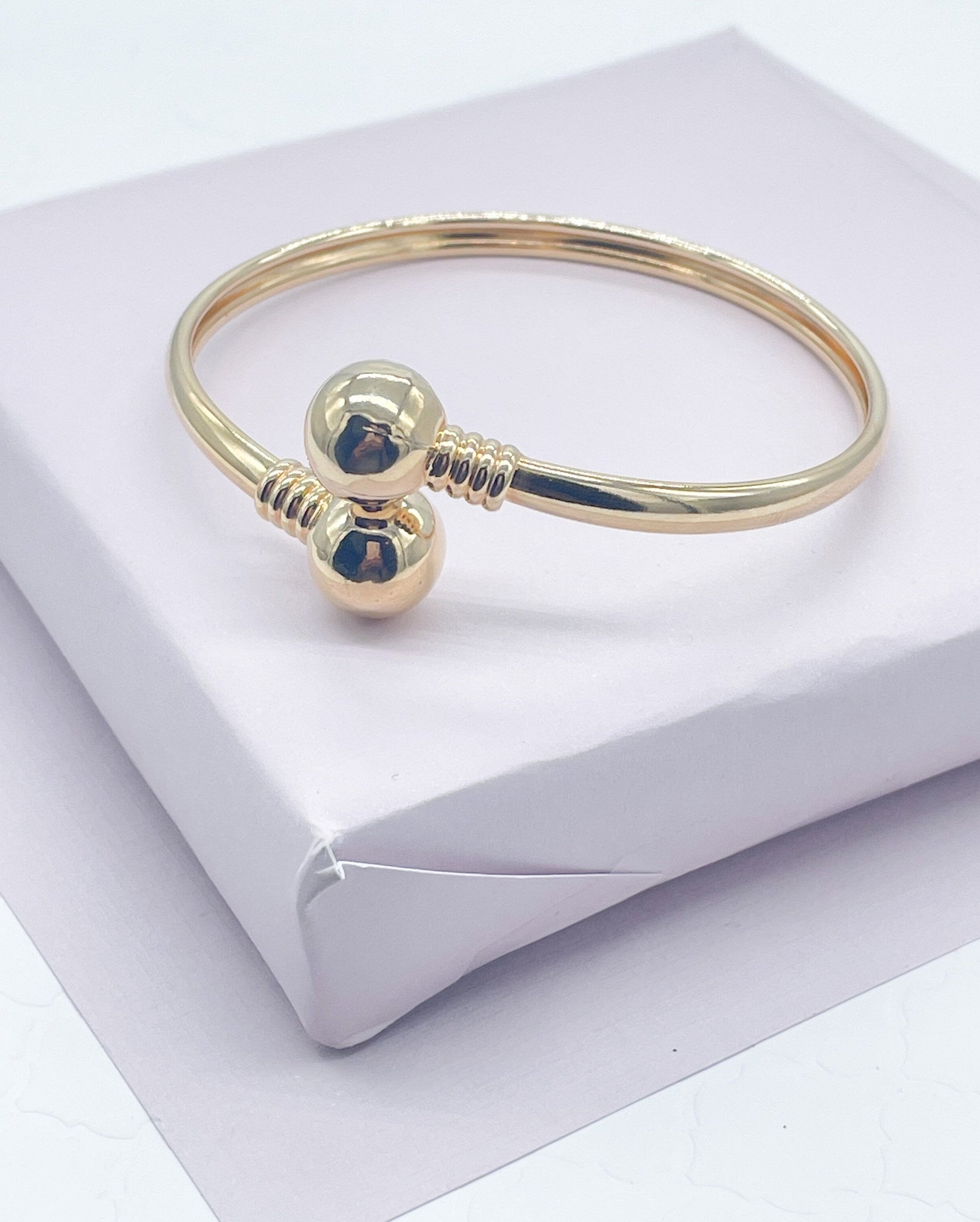 18k Gold Filled Plain Cuff Bangle Featuring Two Solid Gold Filled Ball Bangles Bracelet Jewelry