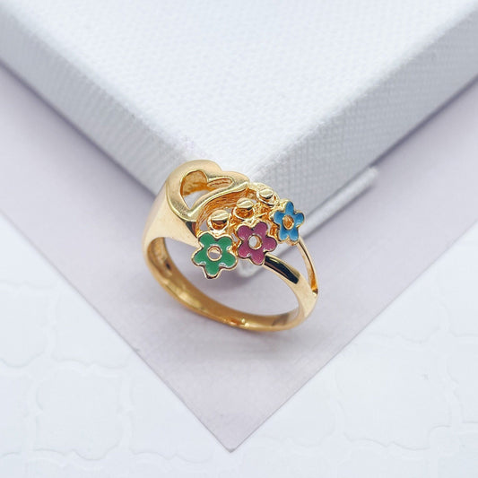 18k Gold Filled Heart Ring With Mini Enamel Flowers Detail Charms Attached Jewelry