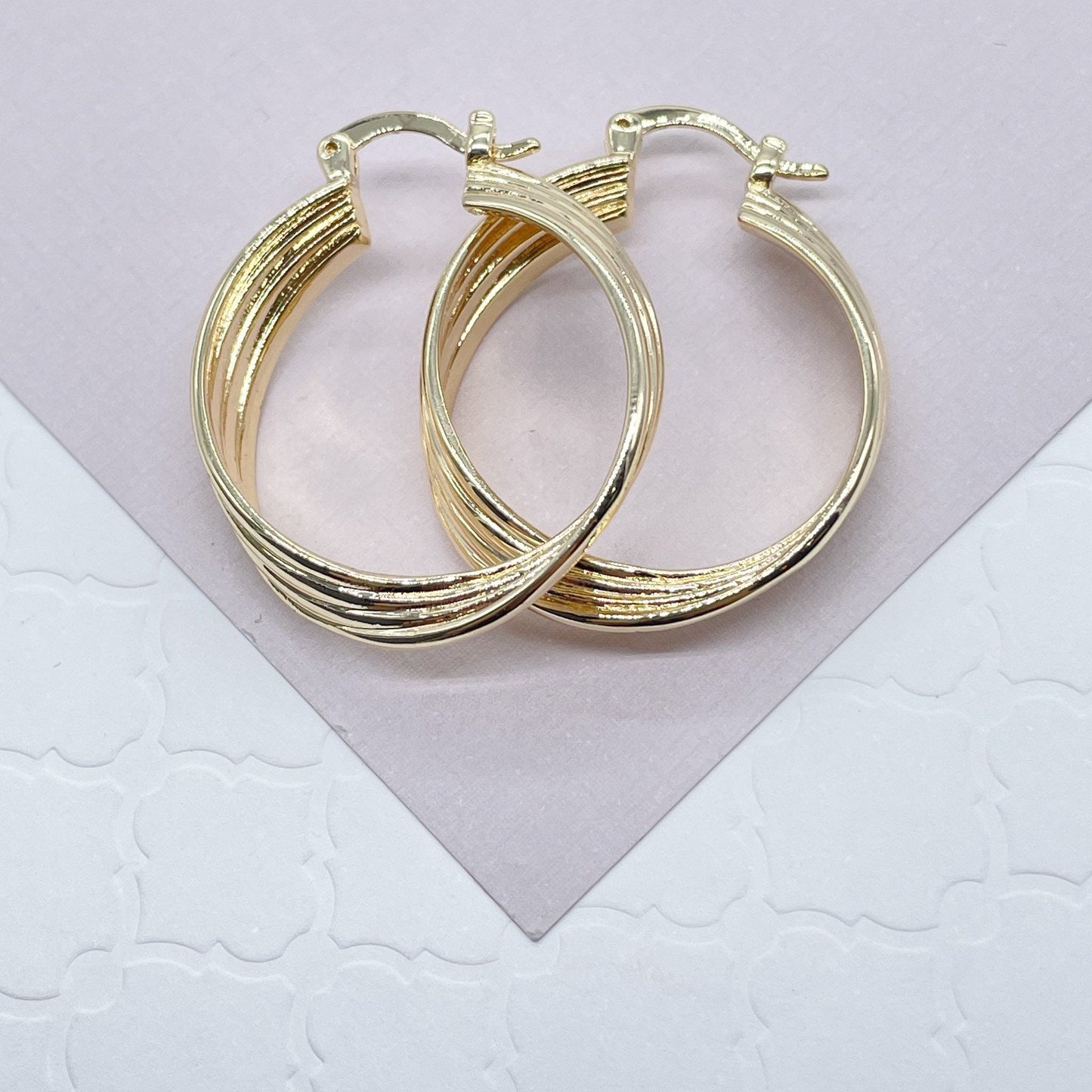 18k Gold Filled Hoop Earrings: Twisted Four Layer Design, 8mm Thick