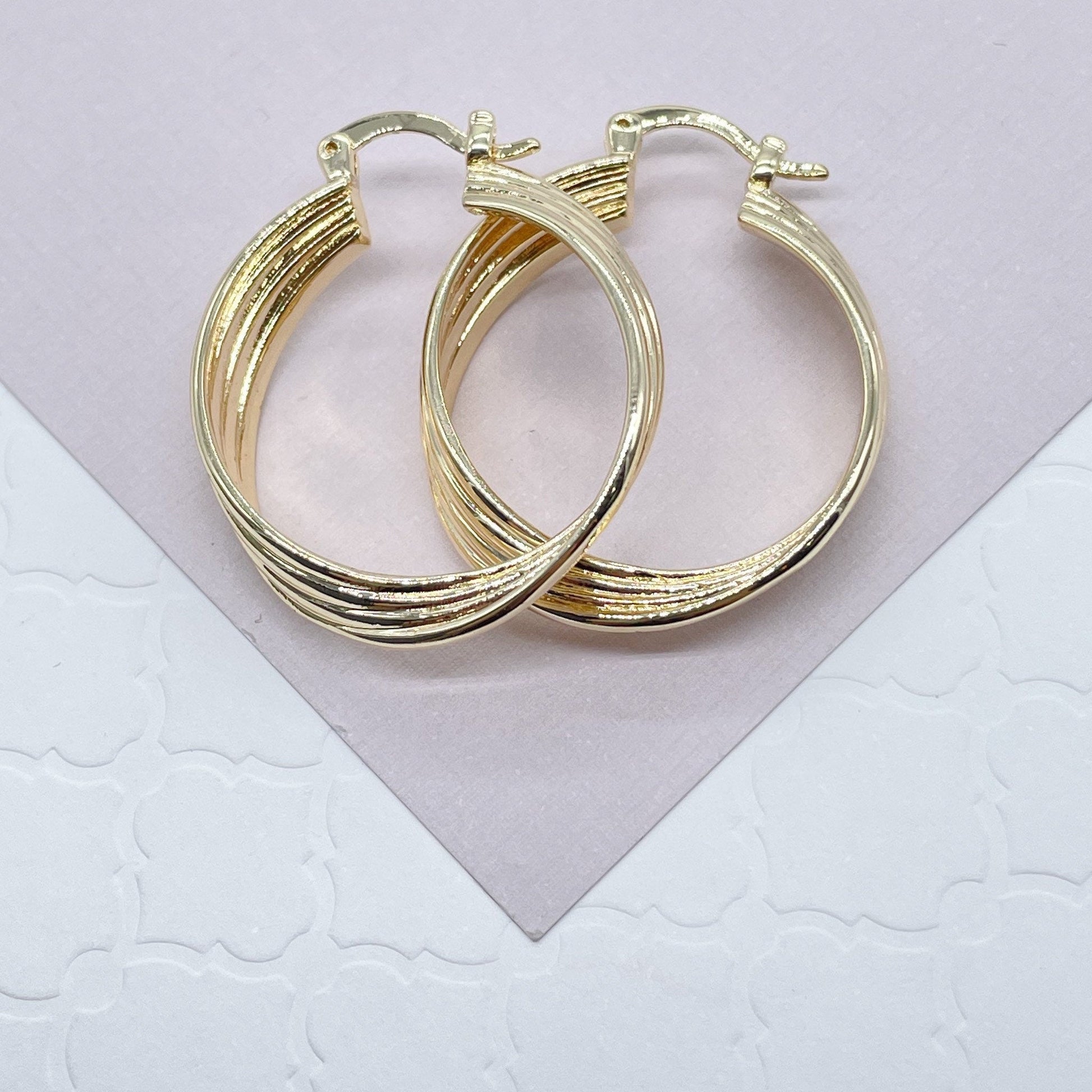 18k Gold Filled Hoop Earrings: Twisted Four Layer Design, 8mm Thick