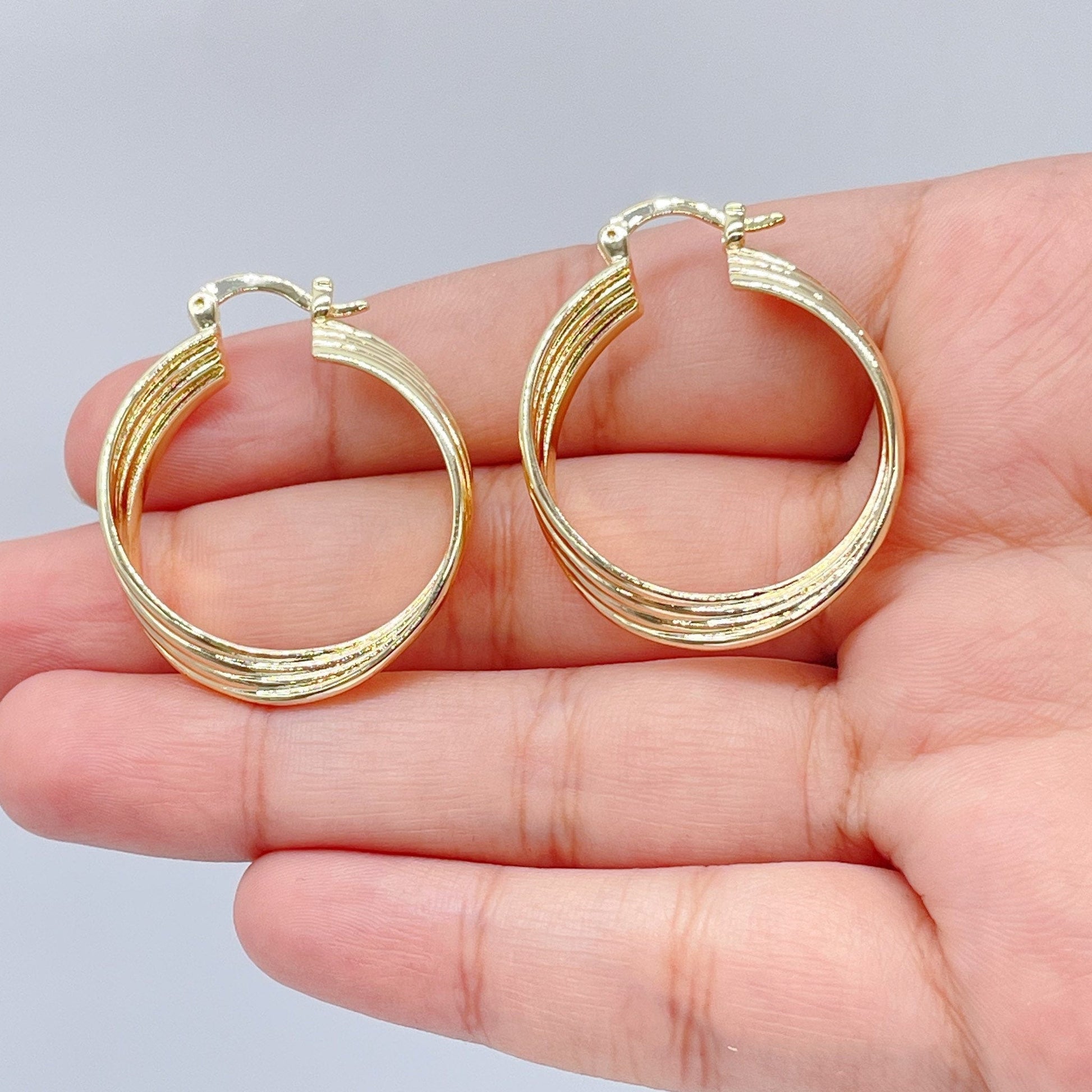 18k Gold Filled Hoop Earrings: Twisted Four Layer Design, 8mm Thick