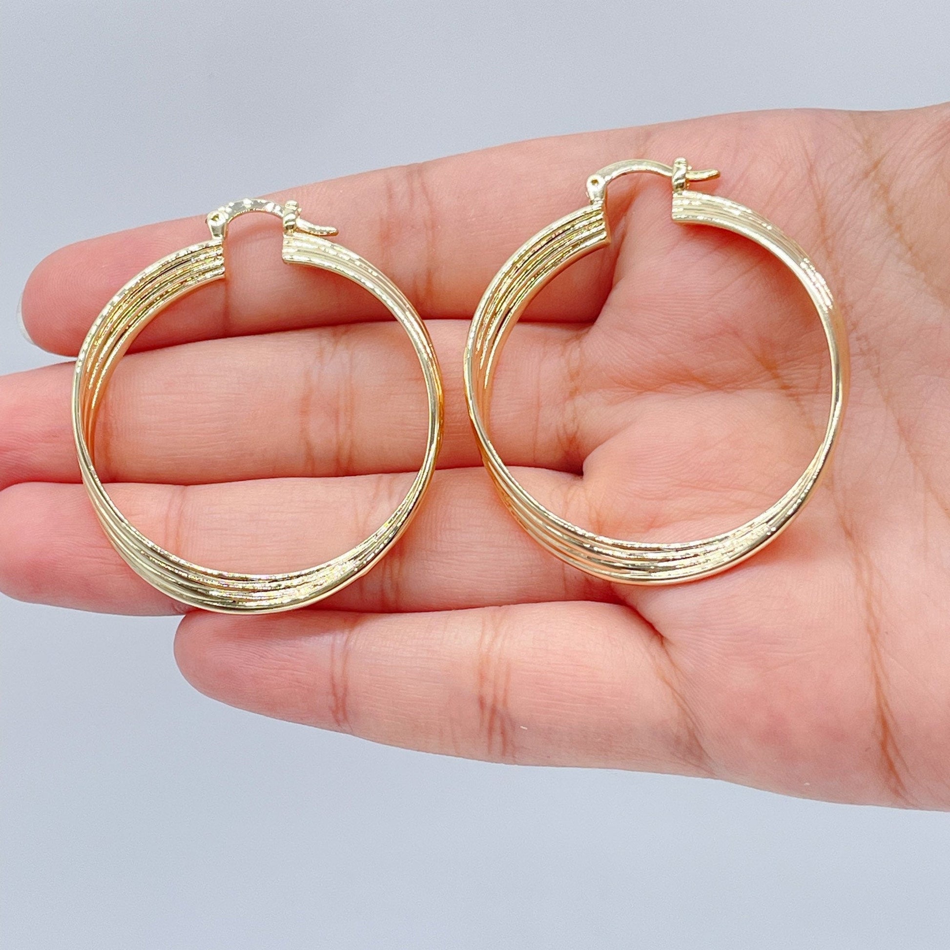 18k Gold Filled Hoop Earrings: Twisted Four Layer Design, 8mm Thick