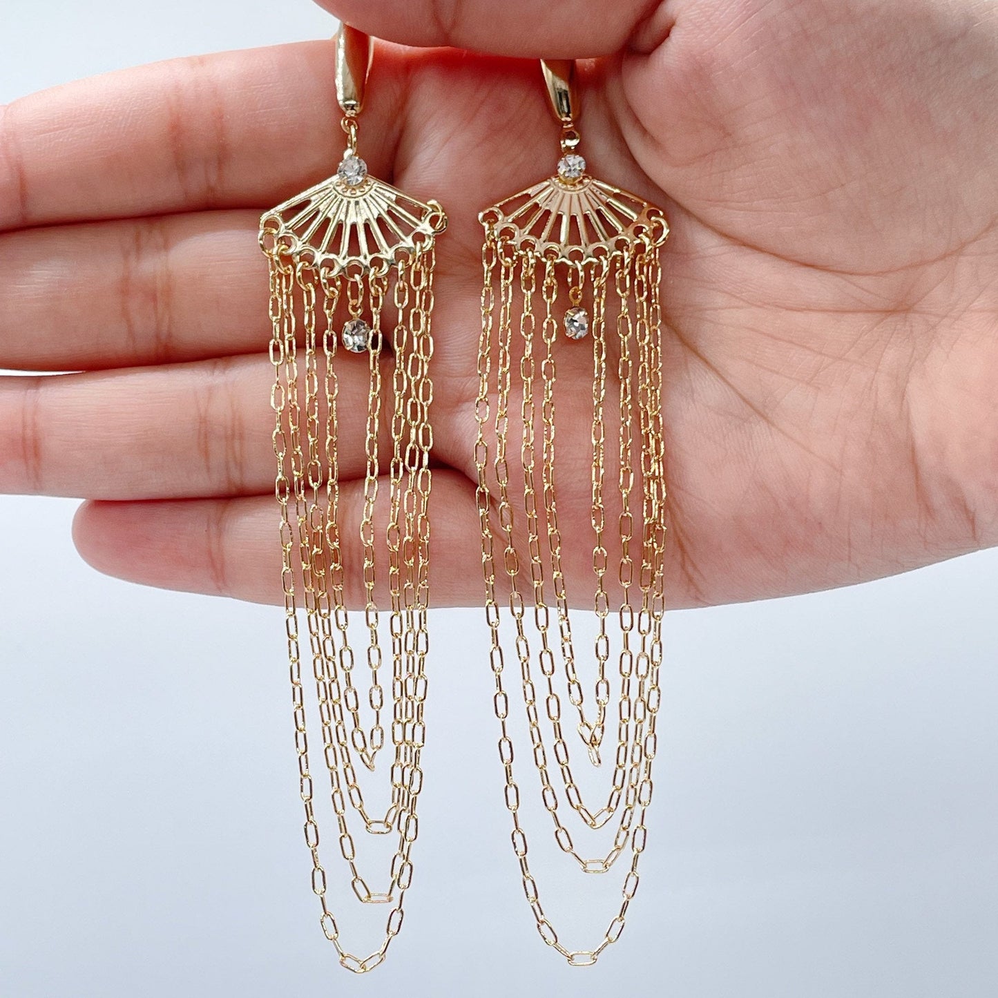 Very Long 18k Gold Filled Light Chandelier Dangling Earrings In a Pape Clip Thin Chain Featuring Cubic Zirconia Details