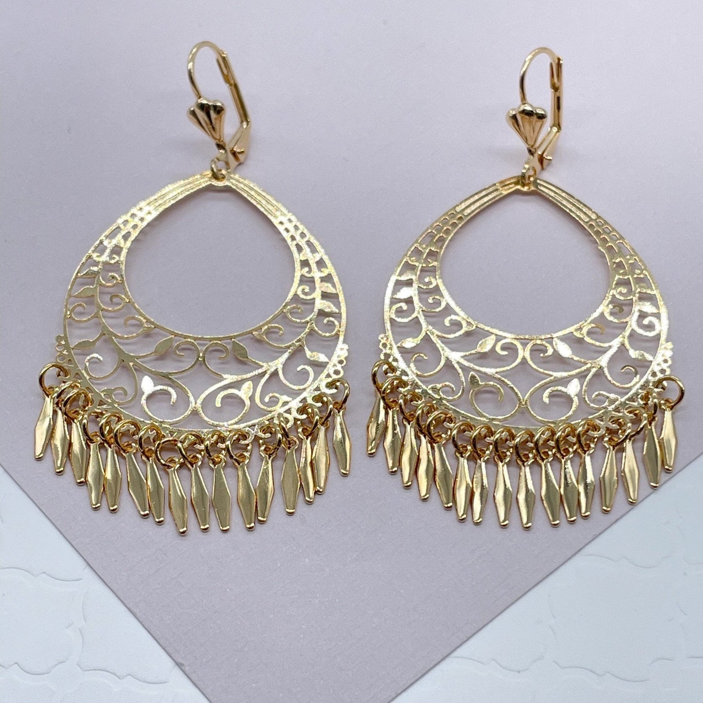 Very Light 18k Gold Filled Light Chandelier Dangling Earrings Featuring Lever Back Closure