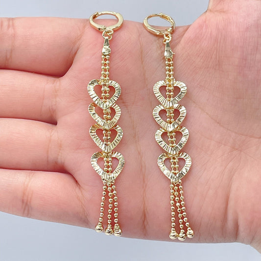 Long 18k Gold Filled Heart Dangle Earrings with Ball Chain