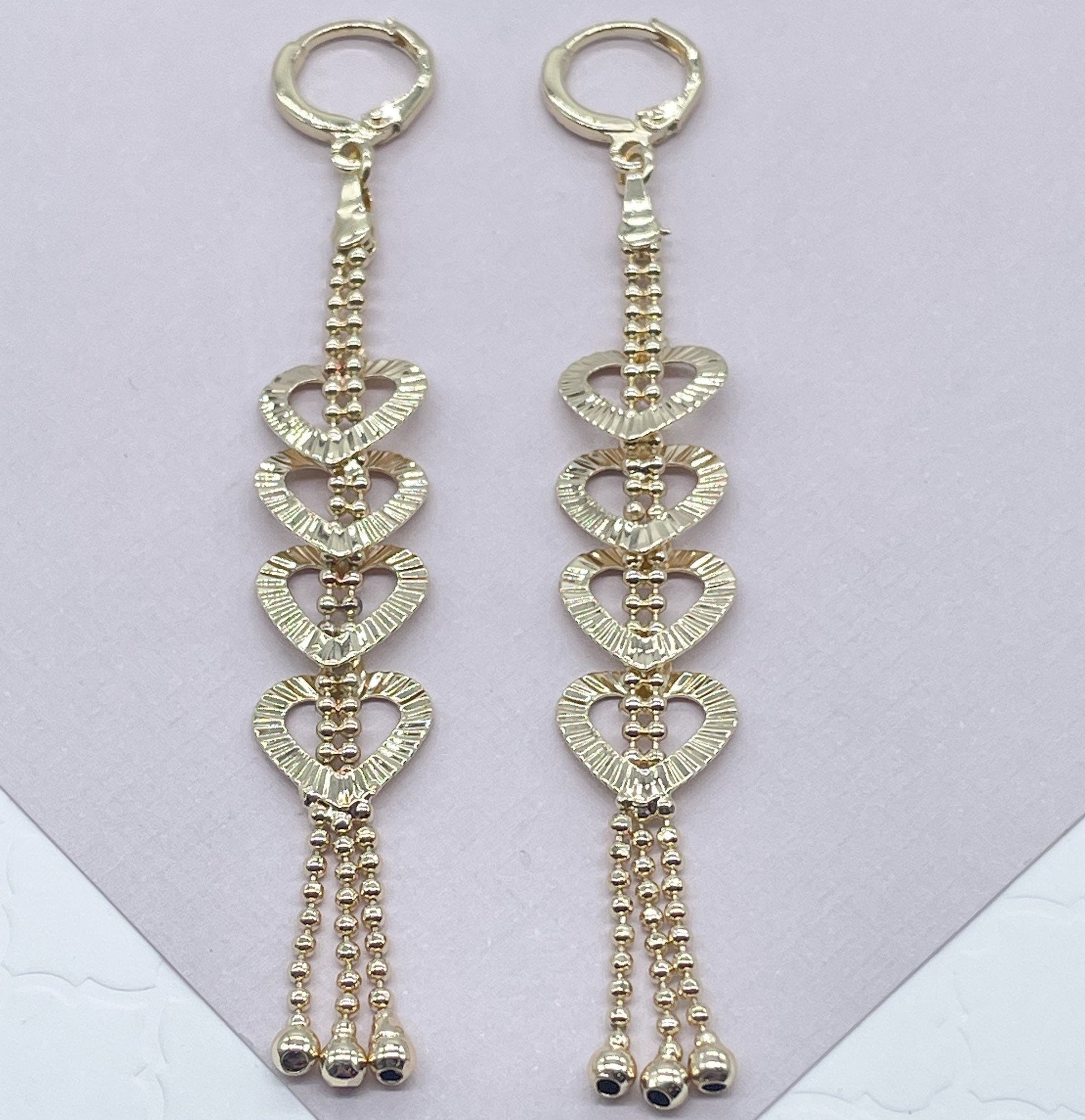 Long 18k Gold Filled Oval or Heart Shape Dangling Earrings Featuring Ball Tips