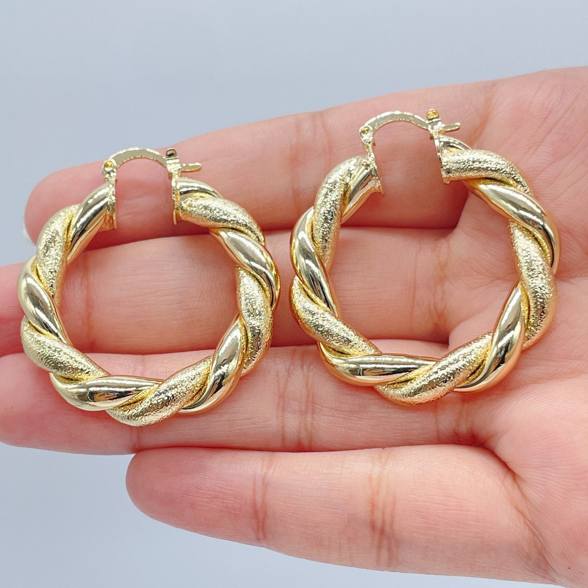18k Gold Filled Twisted Hoop Earrings: Matte & Plain Tube, 6mm Thick