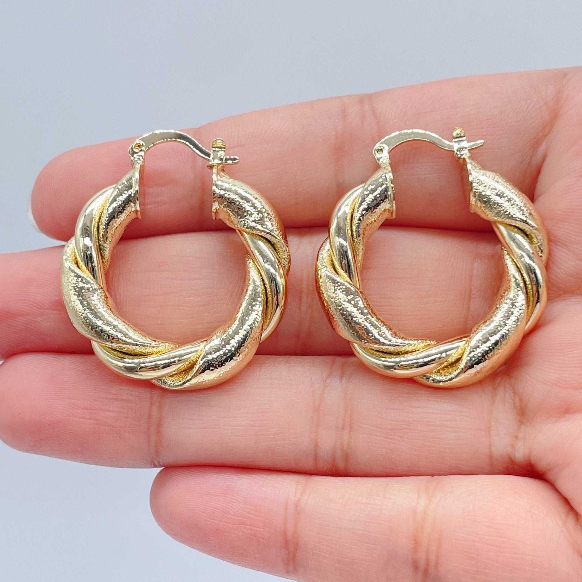 18k Gold Filled 6mm Thick Twisted Plain And Matte Tube Hoop Earrings Available