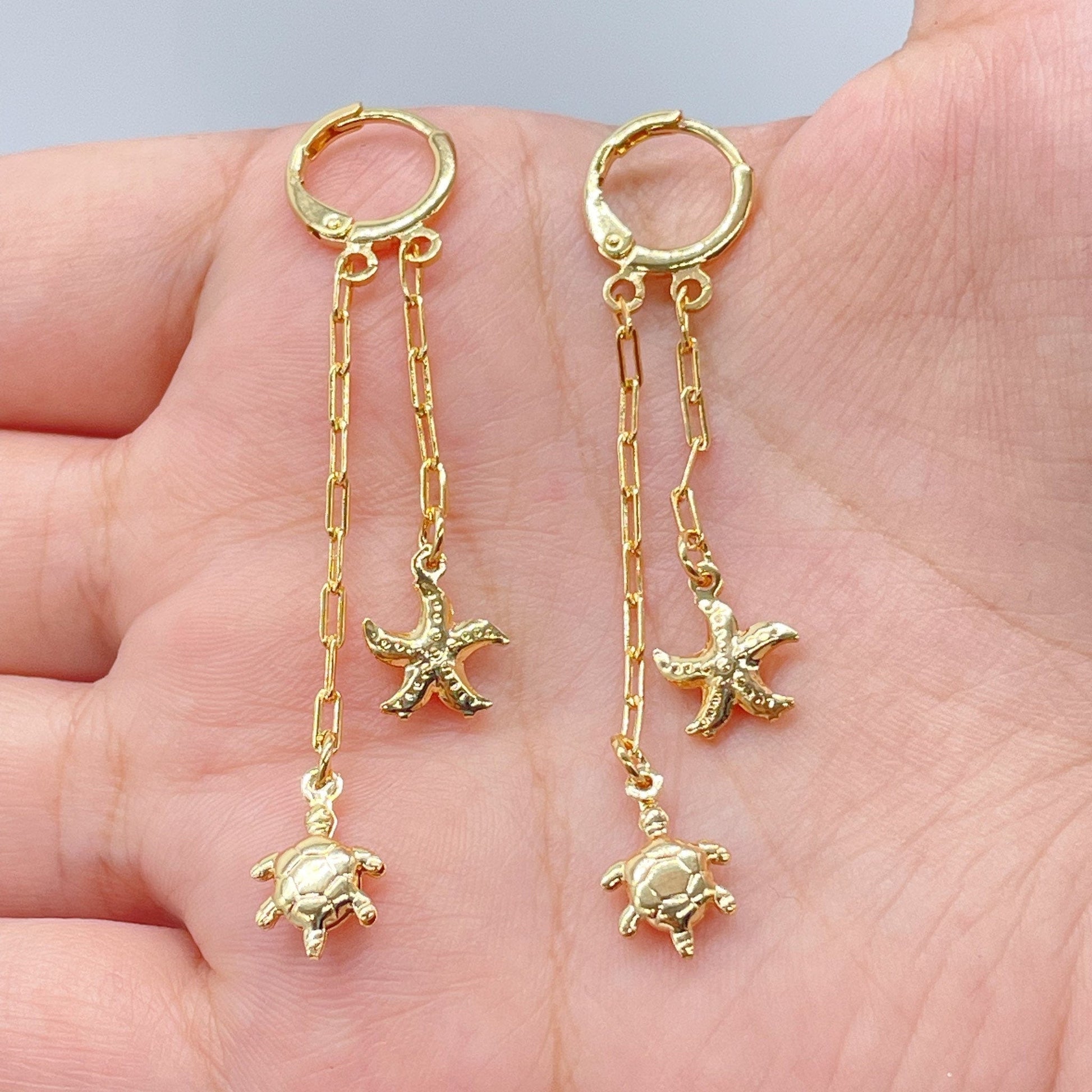 18k Gold Filled Starfish and Turtle Dangling Earrings, Sea Ocean Marine Jewelry,