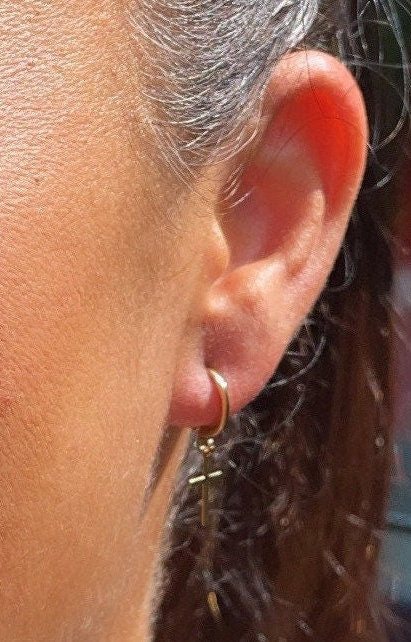 18k Gold Filled Tiny Plain Hanging Cross Hoop Earrings Jewelry