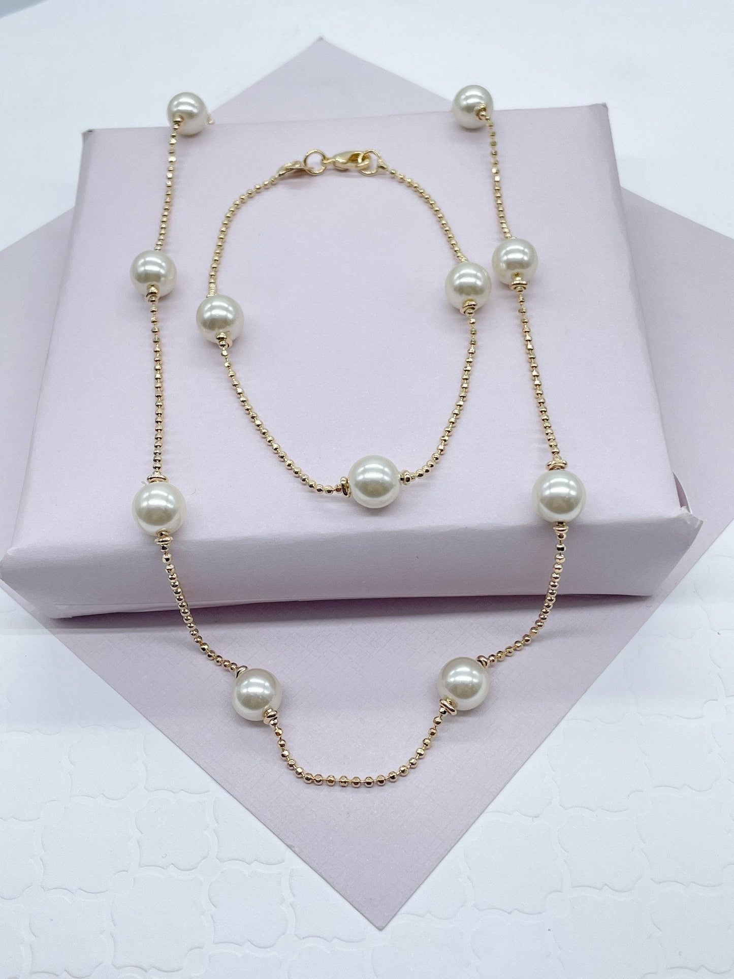 18k Gold Filled Pearl Necklace Bracelet Set: Shinny Ball Chain