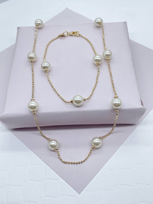 18k Gold Filled Pearl Necklace Bracelet Set: Shinny Ball Chain
