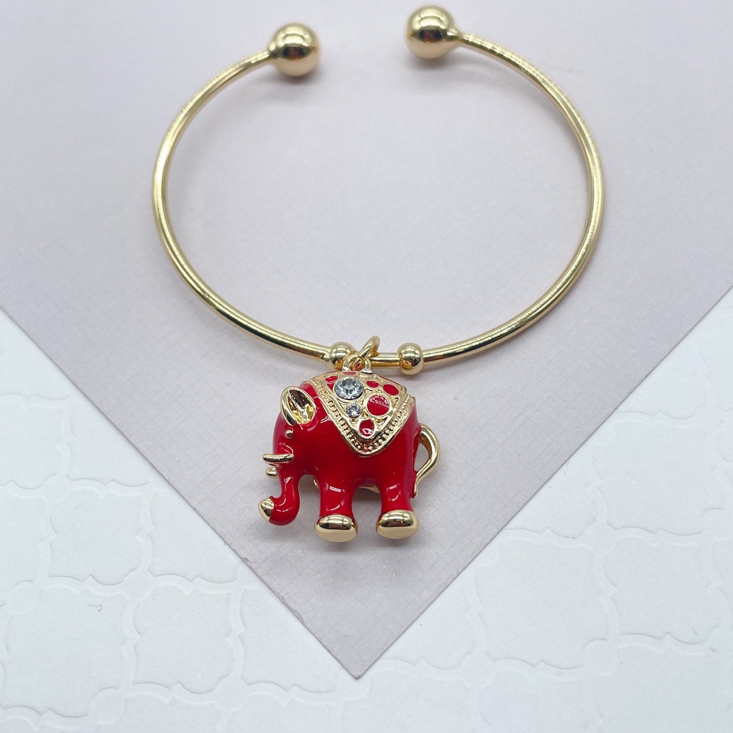 18k Gold Filled Puffy Red Enamel Elephant Cuff Bangle Bracelet in Gold , Good Luck Protection