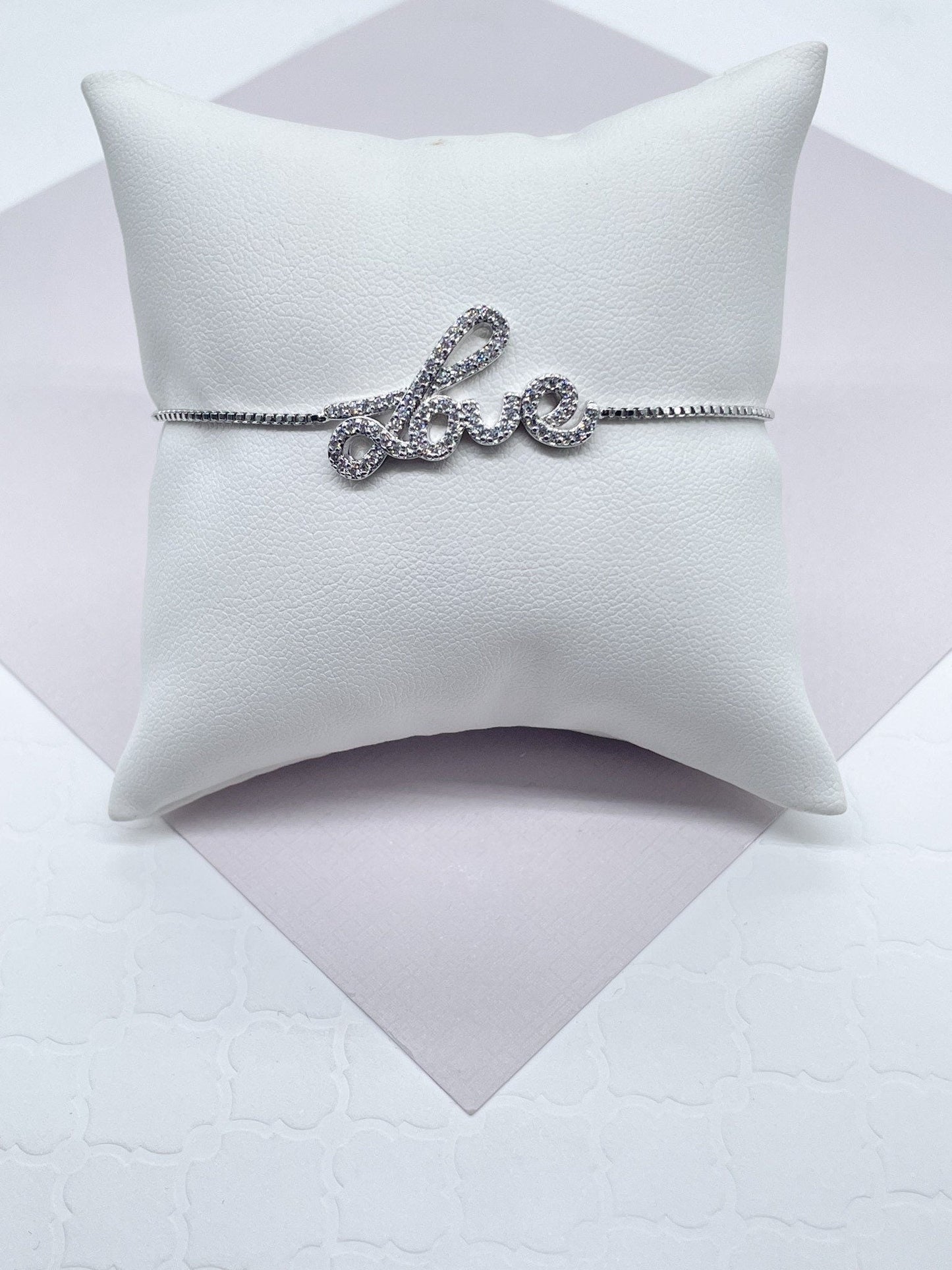 18k Gold Filled Micro Pave Cubic Zirconia "Love" Adjustable Bracelet In Box Chain Style With Slider Clasp Jewelry Gift Her