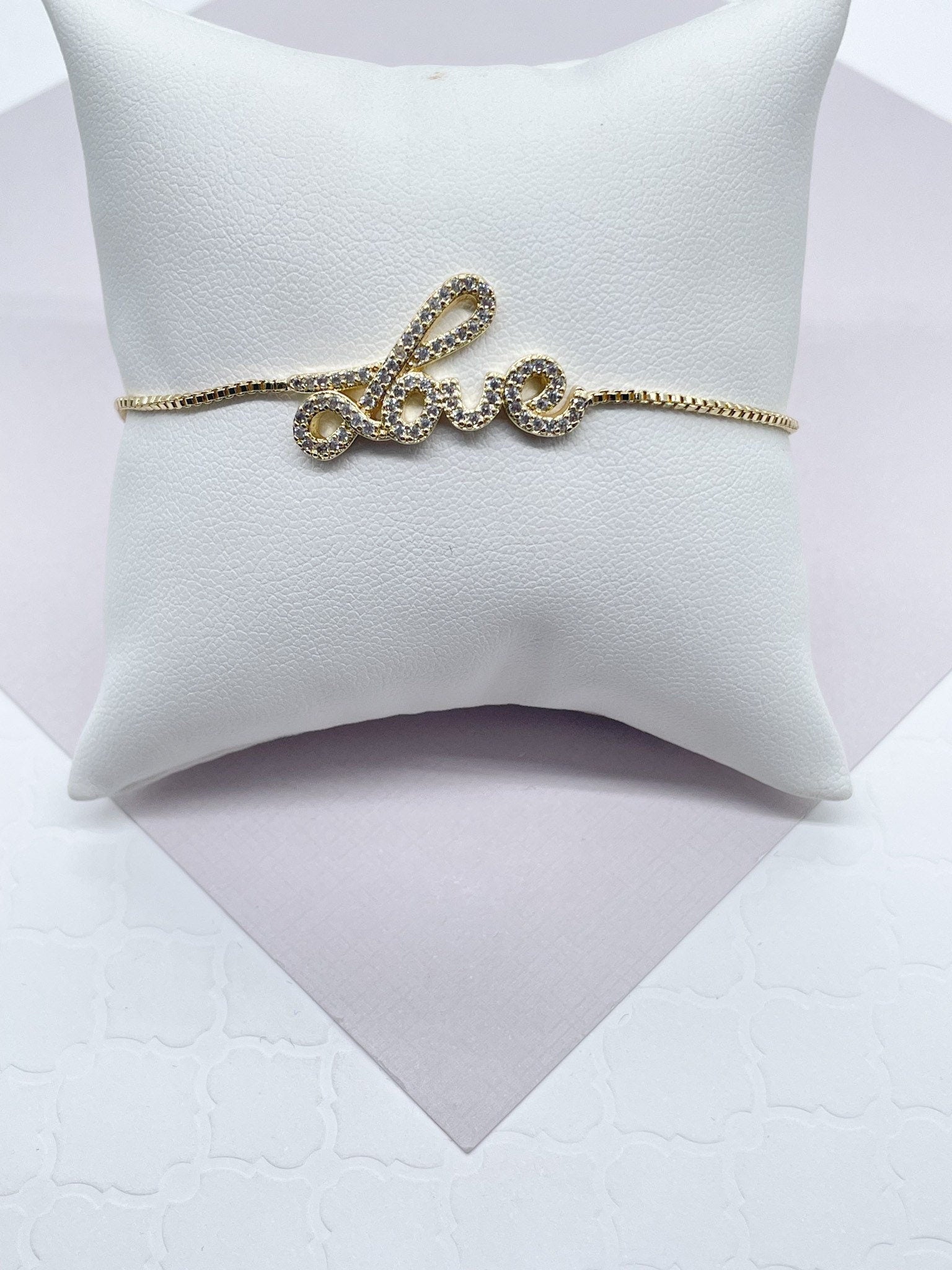 18k Gold Filled Micro Pave Cubic Zirconia "Love" Adjustable Bracelet In Box Chain Style With Slider Clasp Jewelry Gift Her