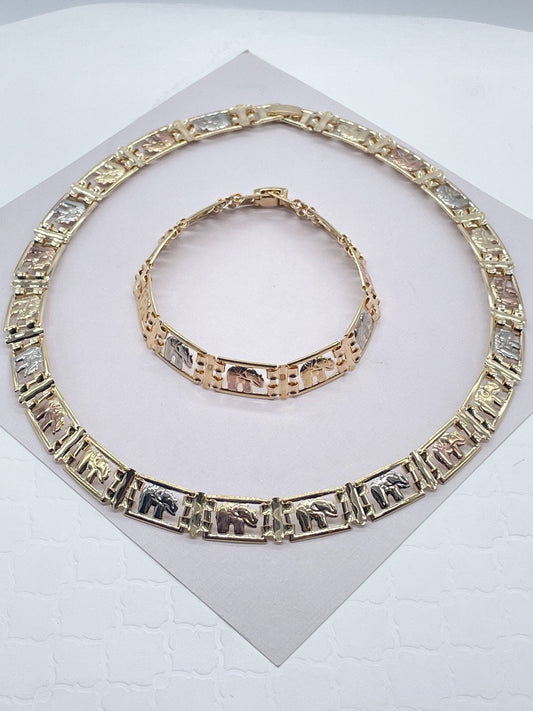 18k Gold Filled Elephant Jewelry Set: Tri-Color Necklace & Bracelet
