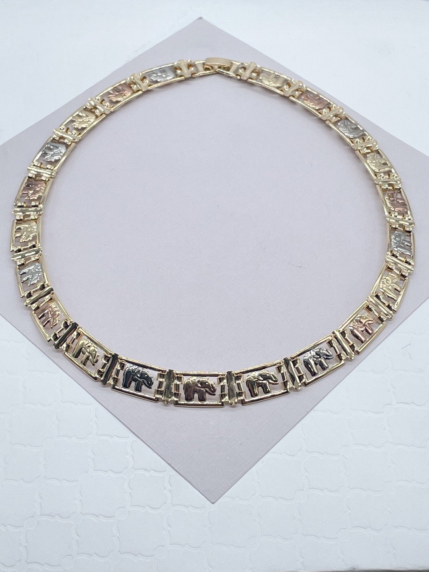 18k Gold Filled Tri-Color Flat Elephant Set, Tricolor Hallowed Necklace