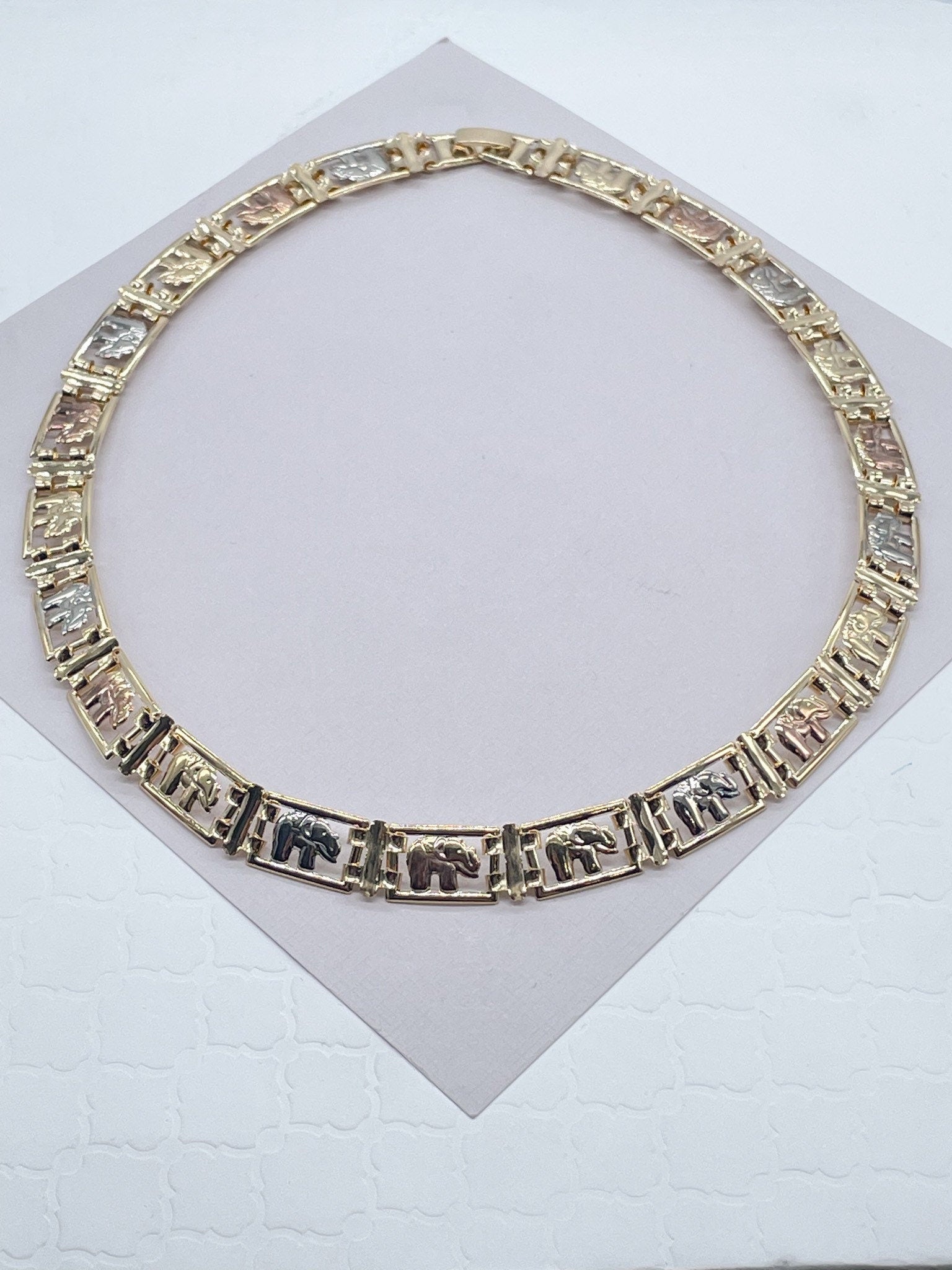 18k Gold Filled Tri-Color Flat Elephant Set, Tricolor Hallowed Necklace