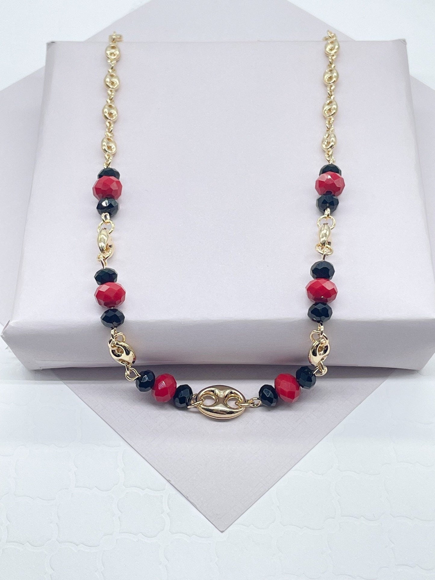 18k Gold Filled Puffy Mariner Link, Simulated Azabache, Red Shiny Bead Set, Protection Jewelry,