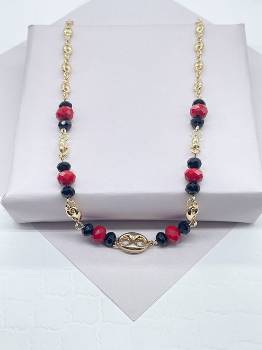 18k Gold Filled Puffy Mariner Link, Simulated Azabache, Red Shiny Bead Set, Protection Jewelry,