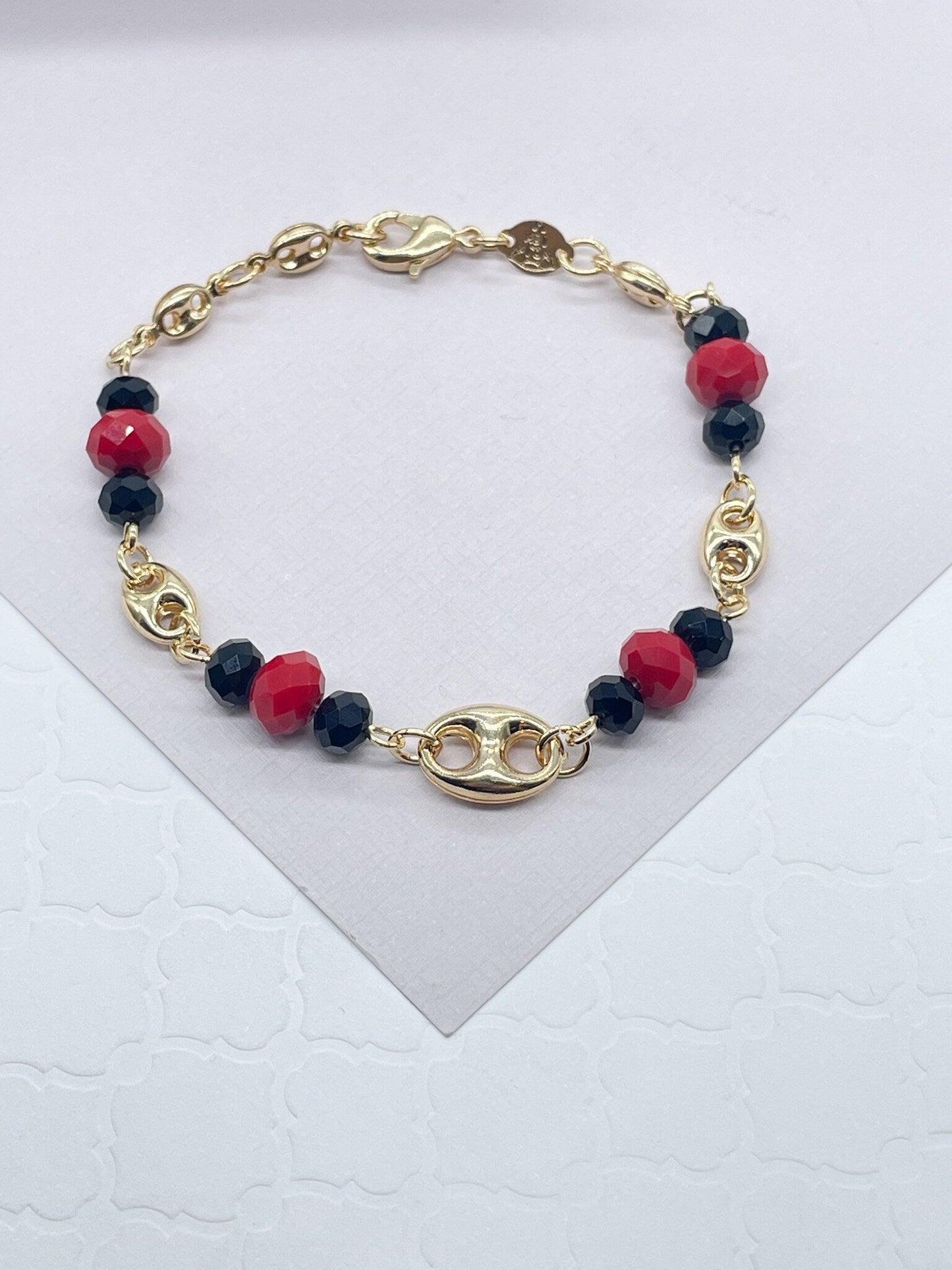18k Gold Filled Puffy Mariner Link, Simulated Azabache, Red Shiny Bead Set, Protection Jewelry,