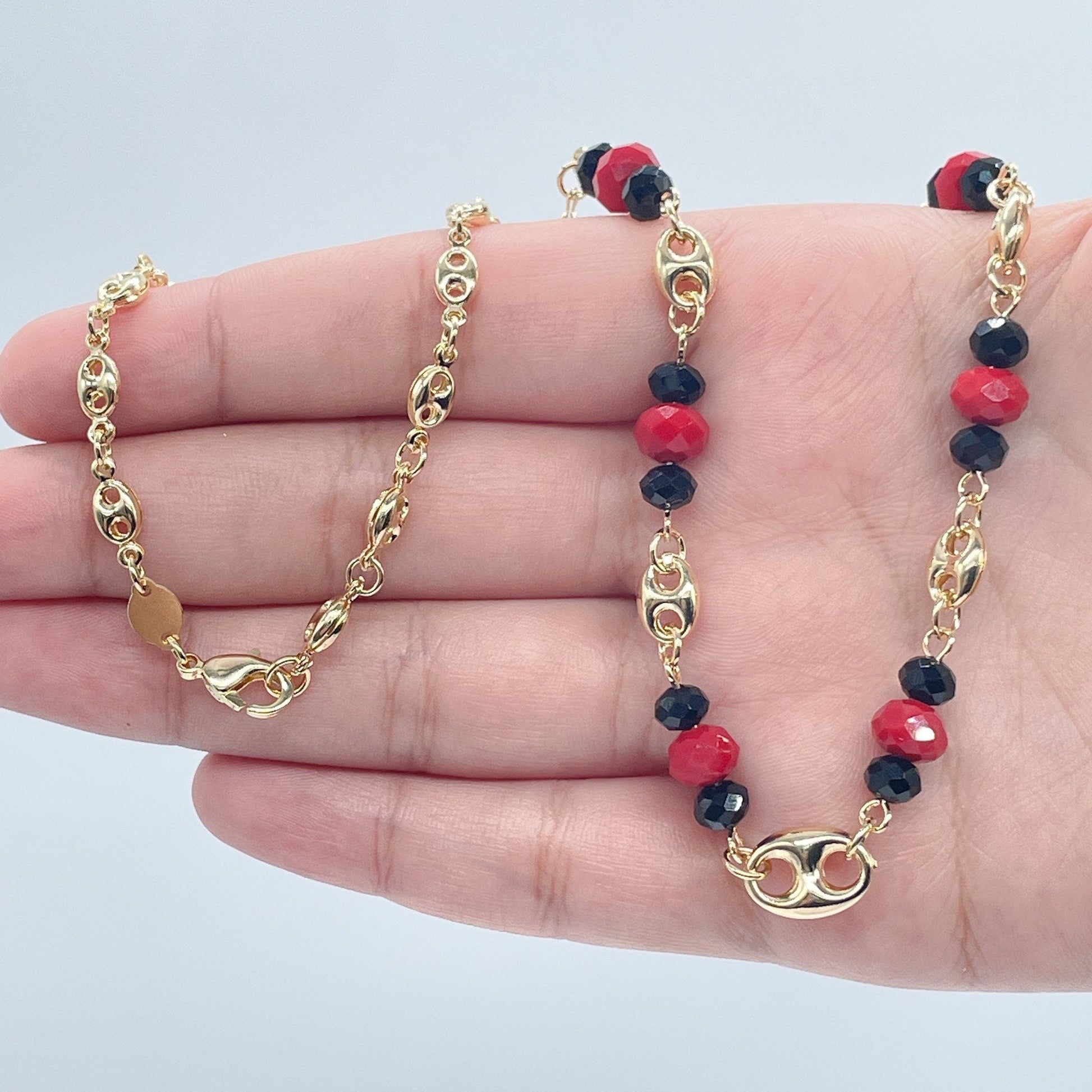18k Gold Filled Puffy Mariner Link, Simulated Azabache, Red Shiny Bead Set, Protection Jewelry,