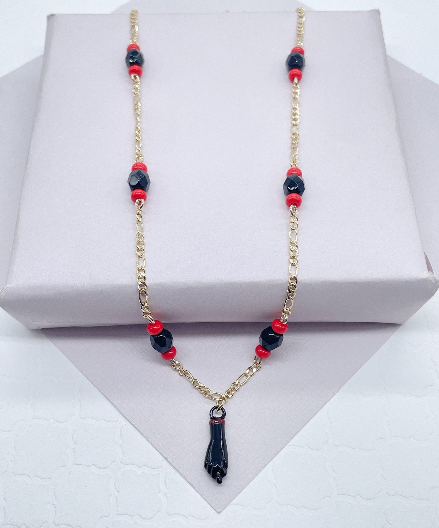 18k Gold Filled Figaro Necklace: Black Figa, Red Beads, Azabache Protection