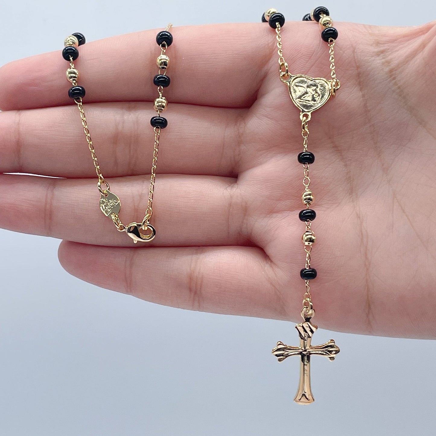 18k Gold Filled Black Beaded Fashion Rosary with Angel and Cross, Trendy