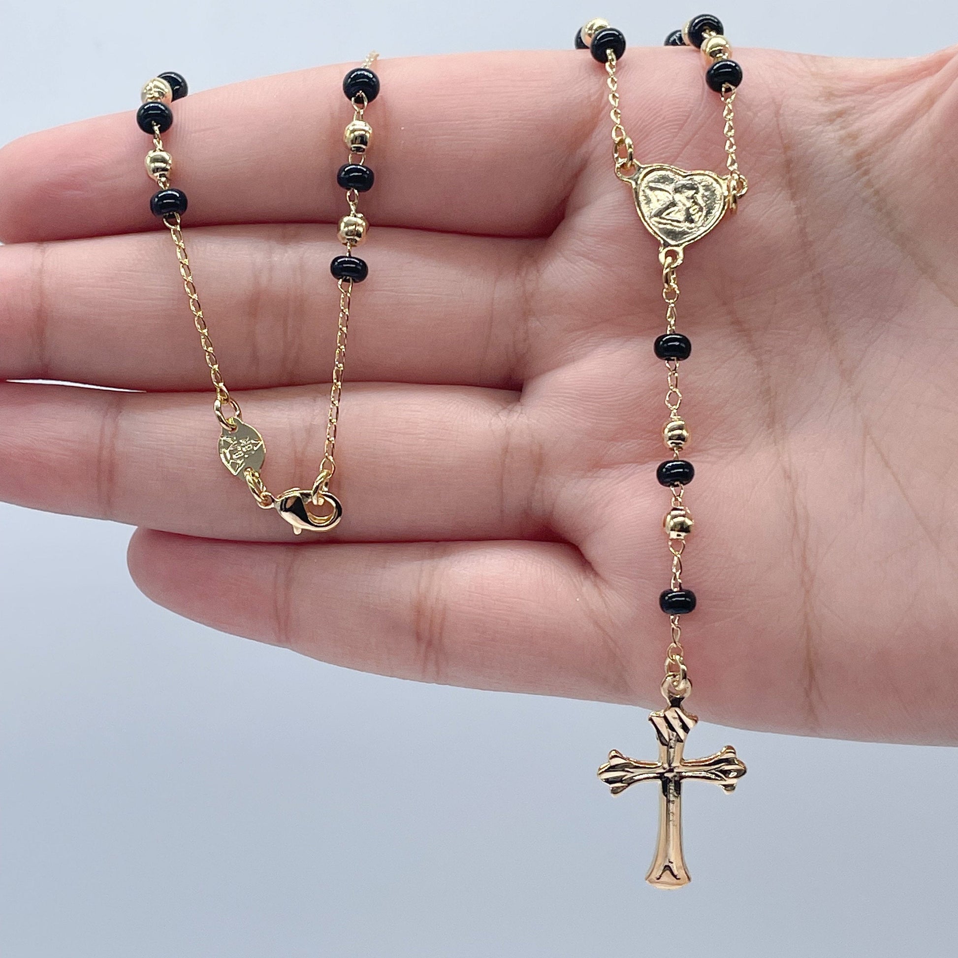18k Gold Filled Black Beaded Fashion Rosary with Angel and Cross, Trendy