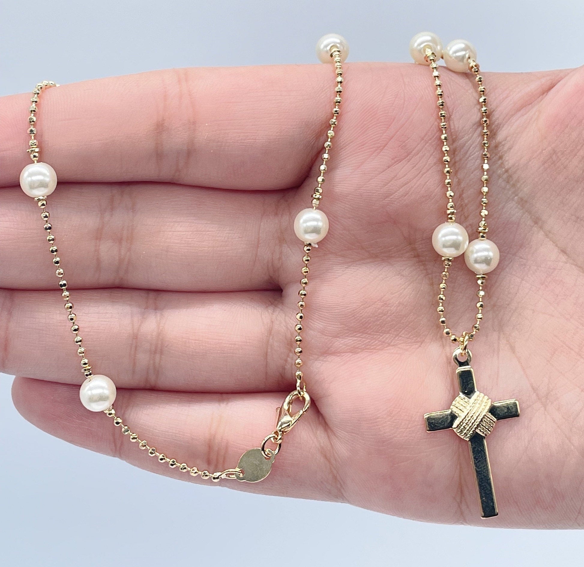 18k Gold Filled Cream Pearl Rosary Style Necklace, Fashion Catholic Pearl Rosary