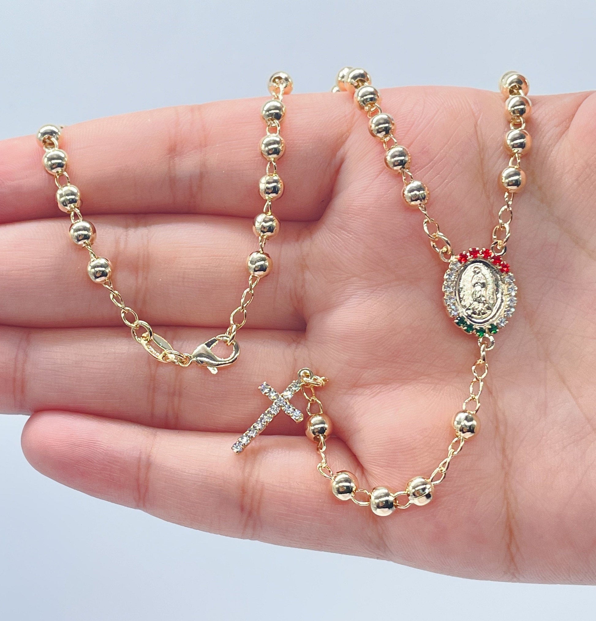 18k Gold Filled Solid Bead Rosary Necklace with Green Clear And Red Cubic Zirconia Guadalupe Medal and Cross Mexican Jewelry