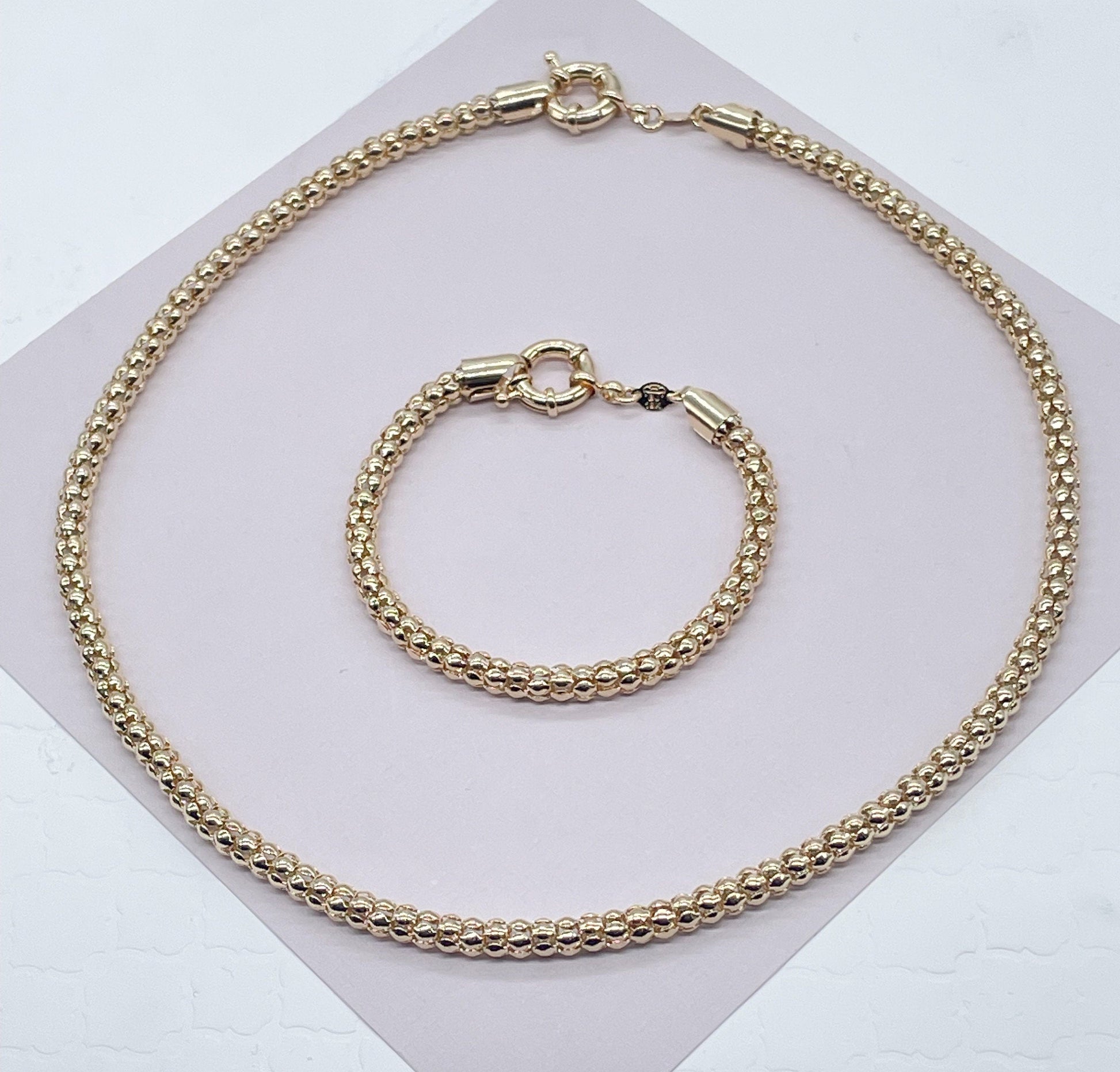 Gorgeous Unique 18K Gold Filled Wheat Link Tube Set Featuring Large Ring Clasp Hypoallergenic Jewelry Women Gold Bracelet