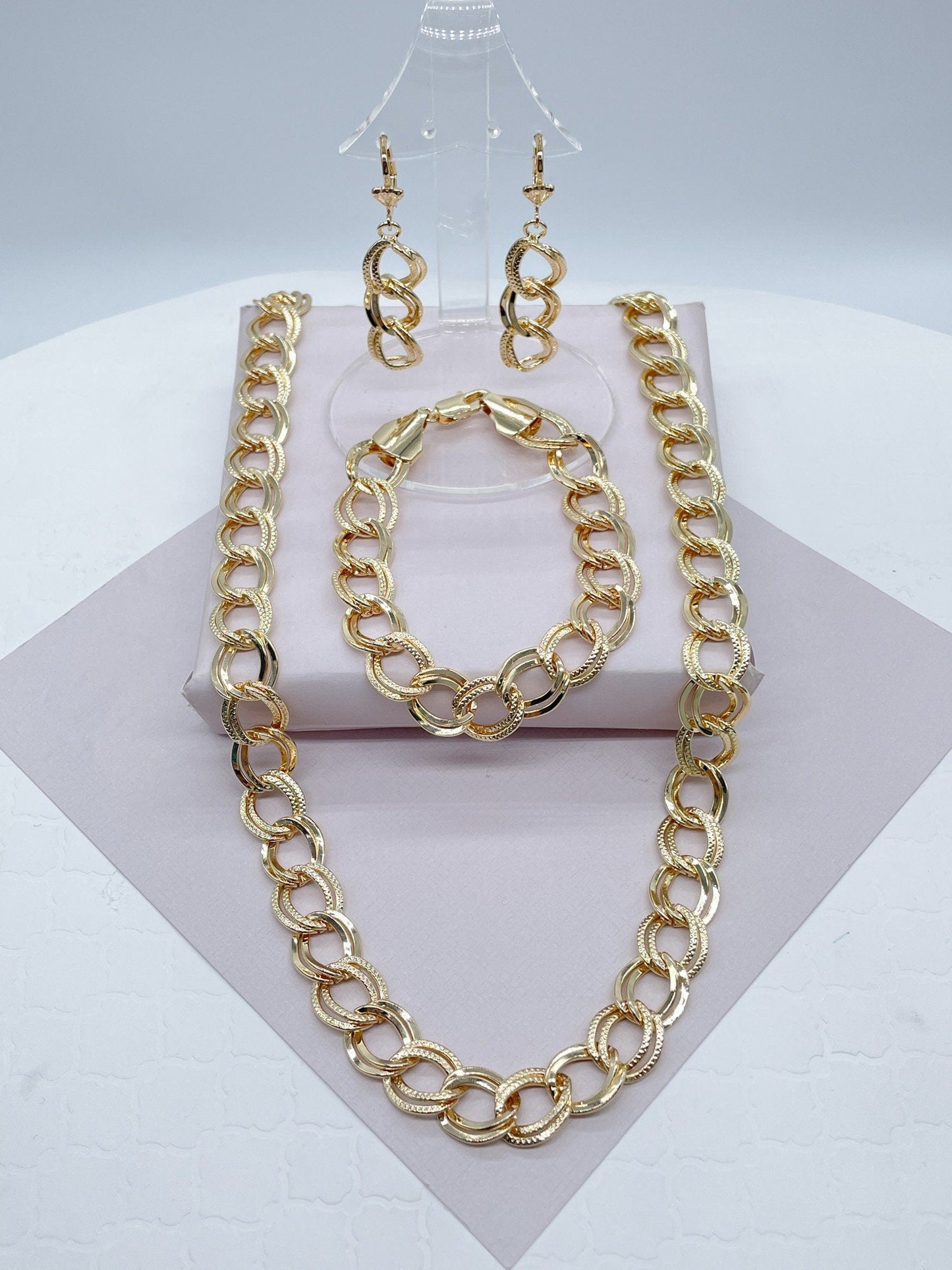 Chunky Hollowed 18k Gold Filled Double Rugged Link Light Set Necklace, Earrings and Bracelet,