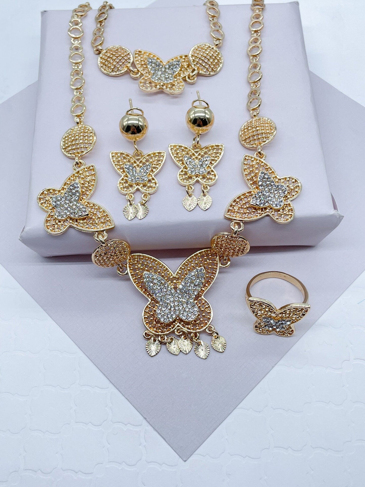 18k Gold Filled Cubic Zirconia Butterfly Light Set, Chunky Jewelry Gold Filled