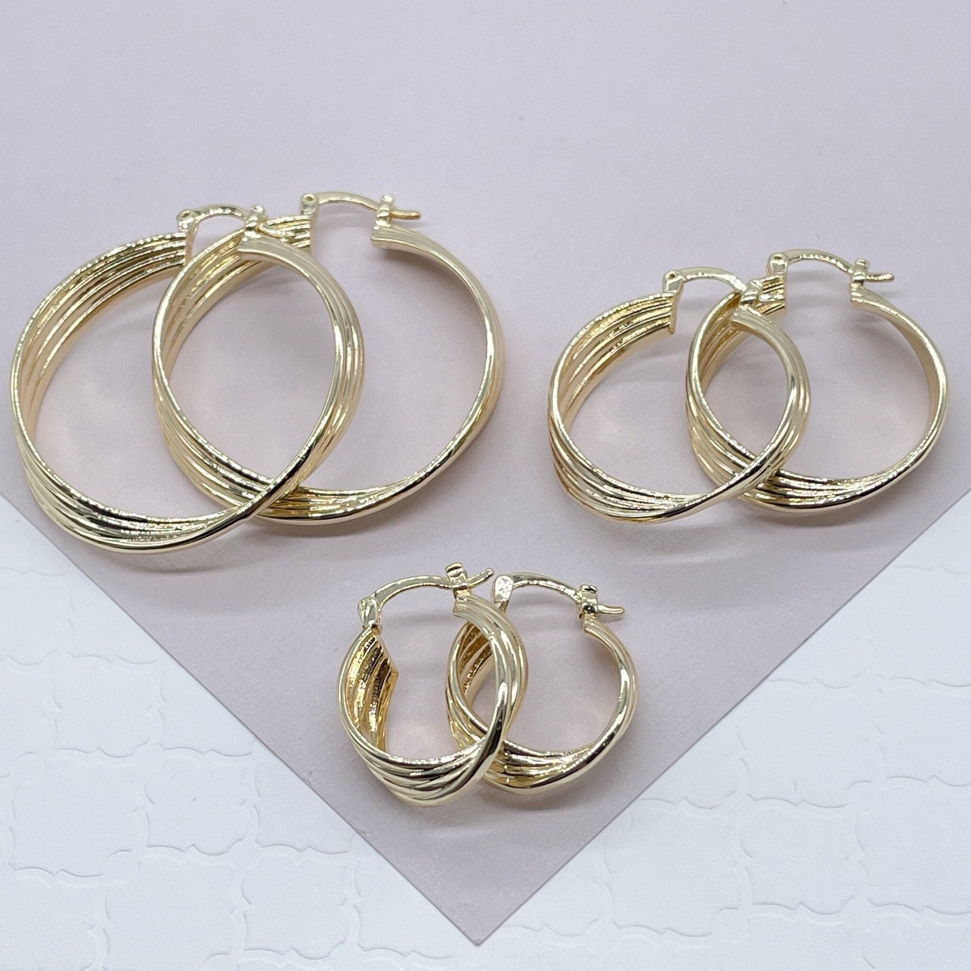 18k Gold Filled Hoop Earrings: Twisted Four Layer Design, 8mm Thick