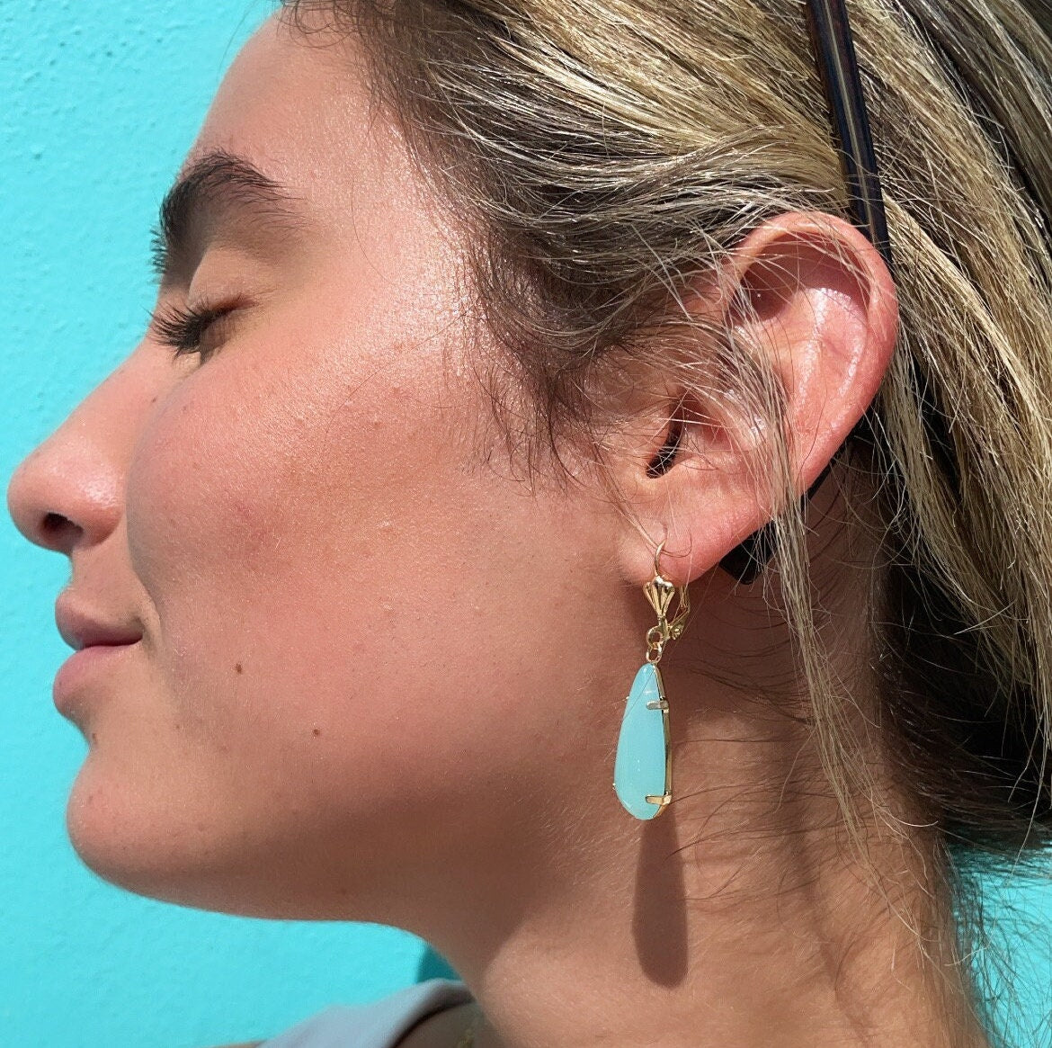 18k Gold Filled Simulated Aqua Blue Drop Earrings, Tear Shape Drop Earrings,
