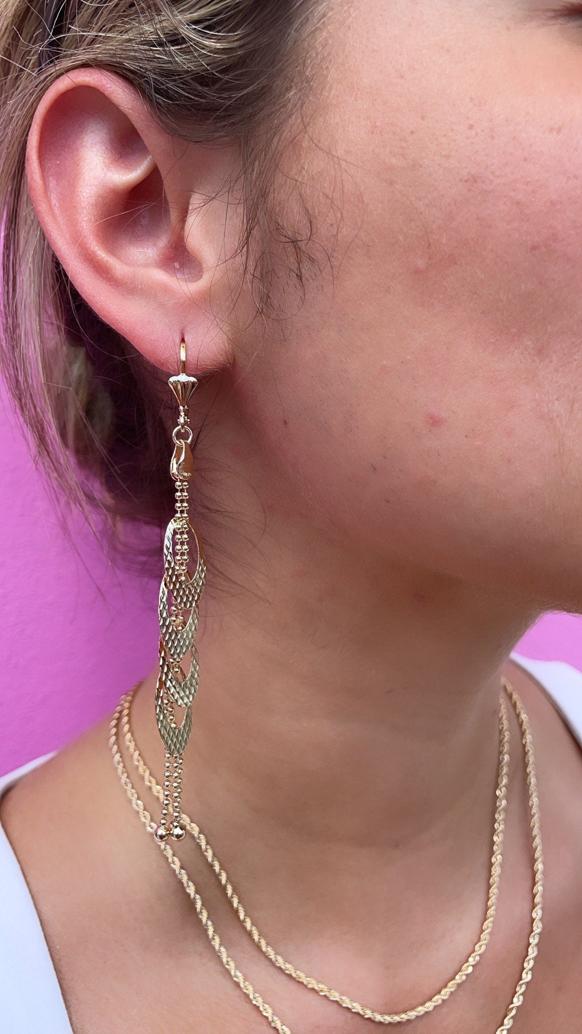 Long 18k Gold Filled Heart Dangle Earrings with Ball Chain