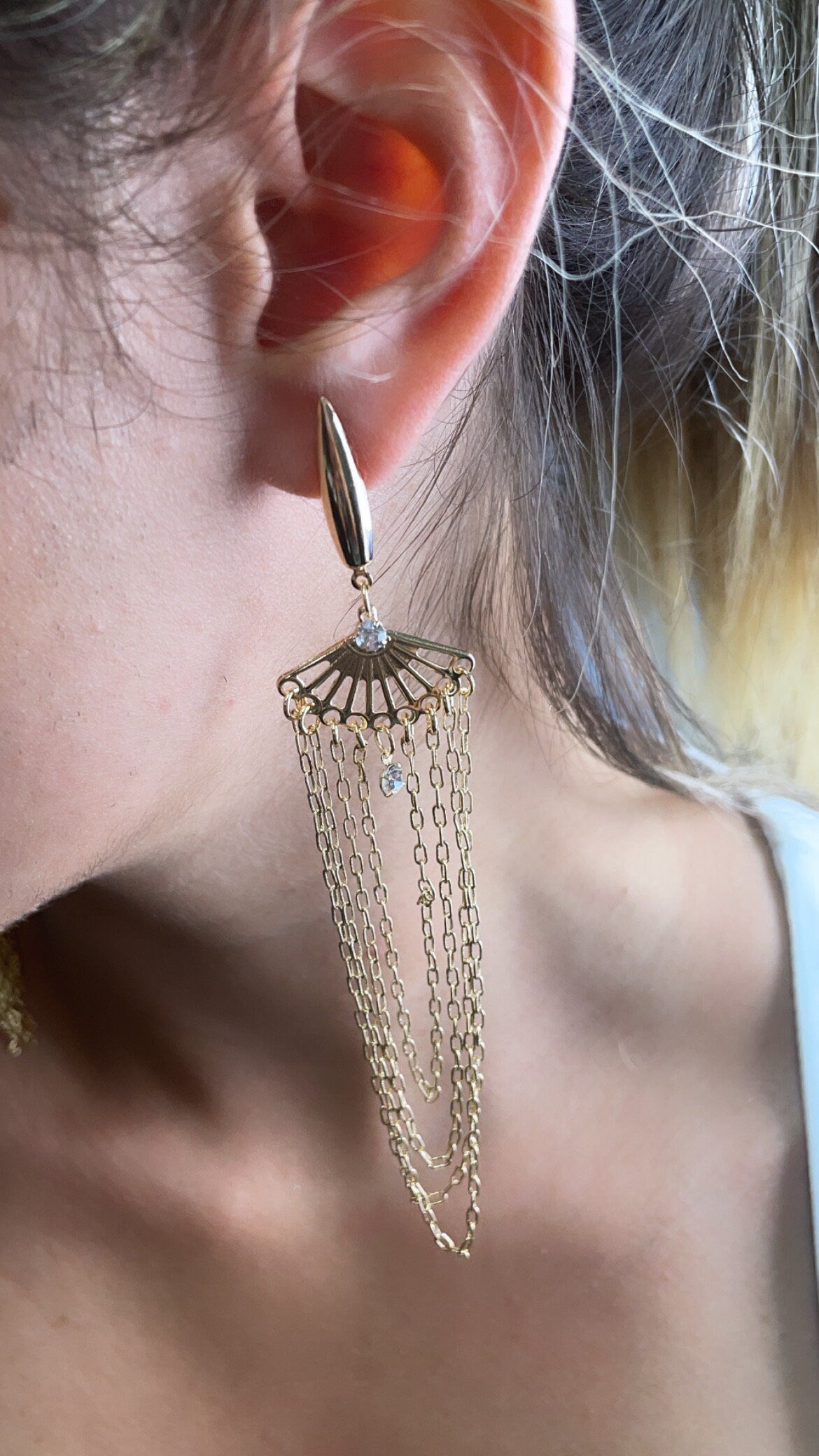 Very Long 18k Gold Filled Light Chandelier Dangling Earrings In a Pape Clip Thin Chain Featuring Cubic Zirconia Details