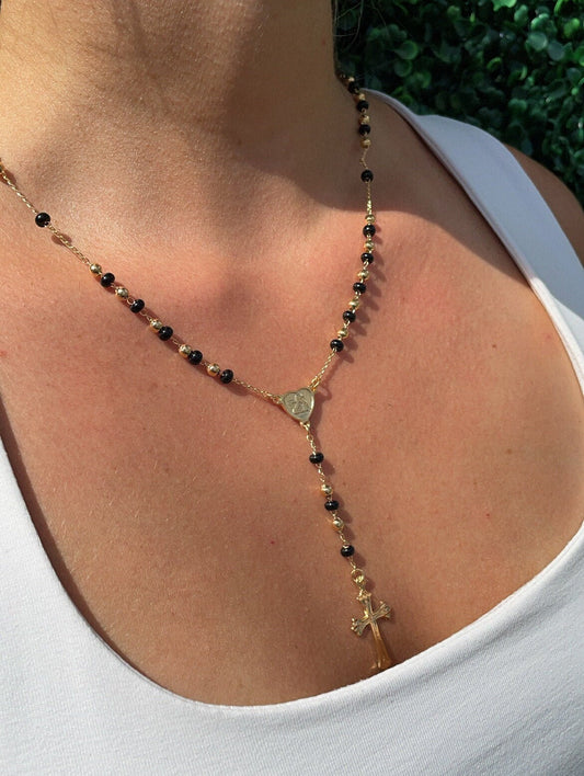 18k Gold Filled Black Beaded Fashion Rosary with Angel and Cross, Trendy Religious Rosary