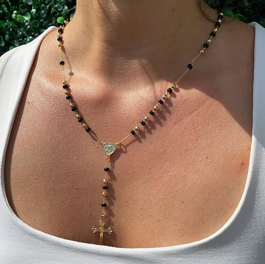 18k Gold Filled Black Beaded Fashion Rosary with Angel and Cross, Trendy