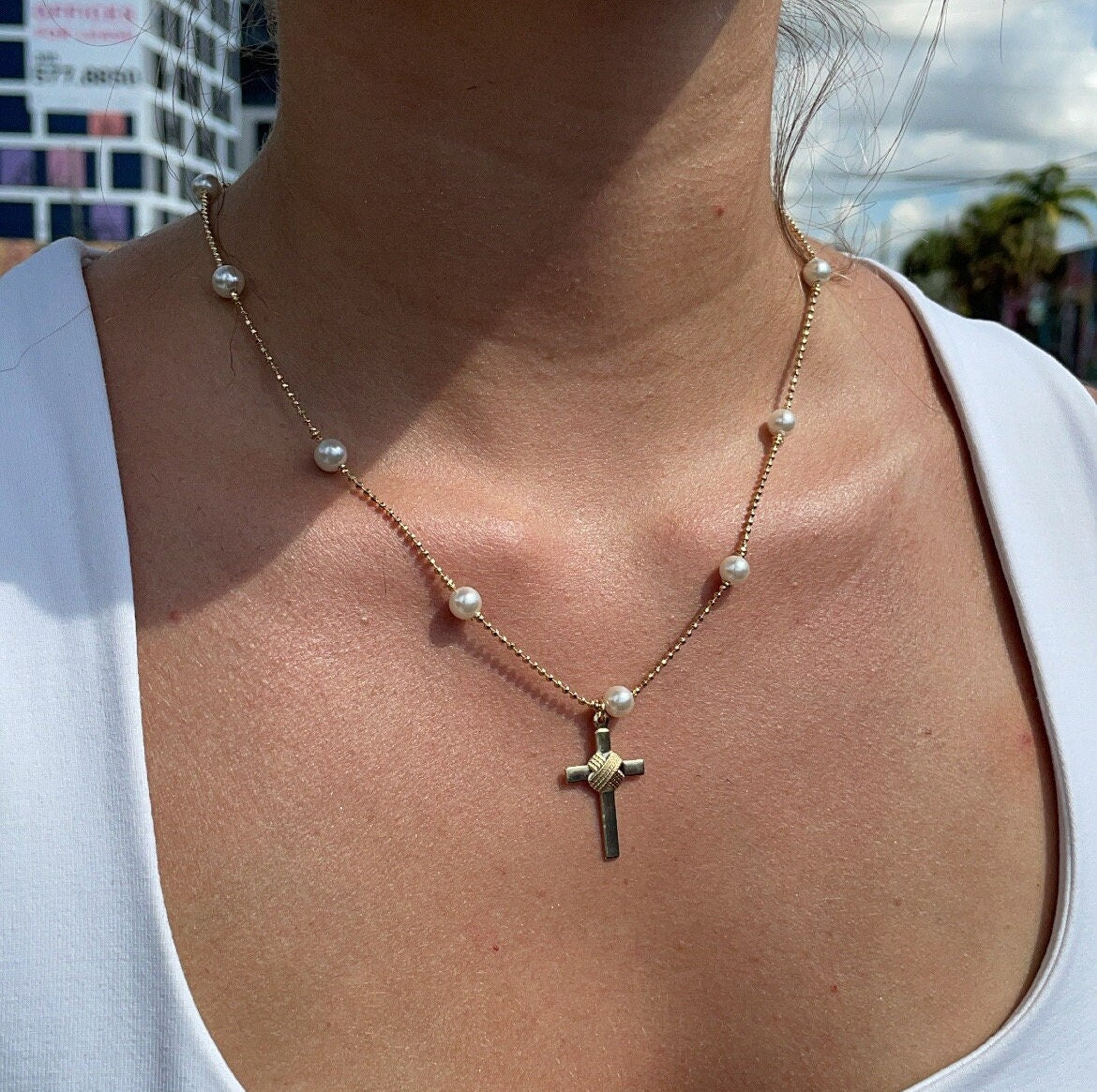 18k Gold Filled Cream Pearl Rosary Style Necklace, Fashion Catholic Pearl Rosary