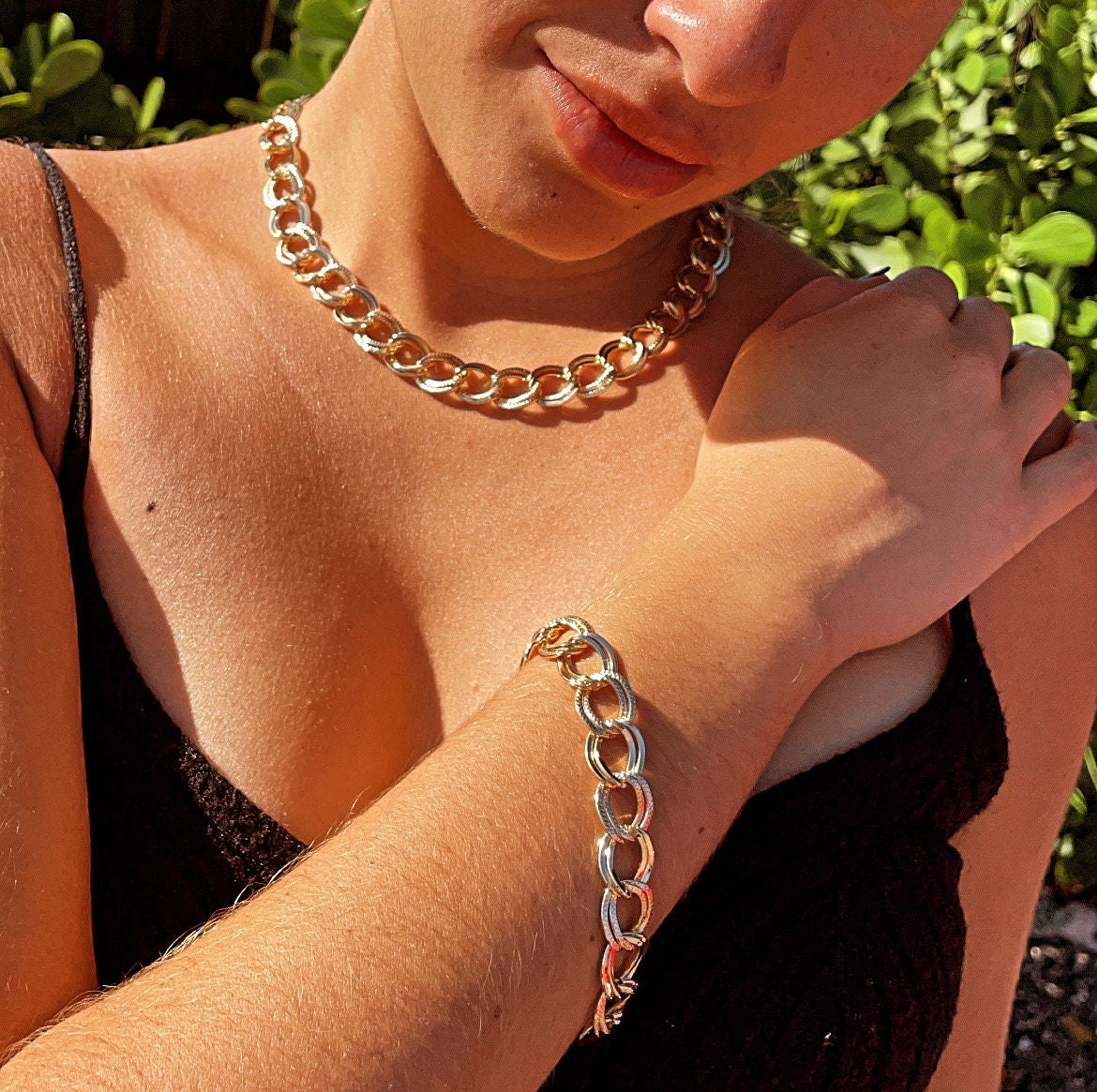 Chunky Hollowed 18k Gold Filled Double Rugged Link Light Set Necklace, Earrings and Bracelet,