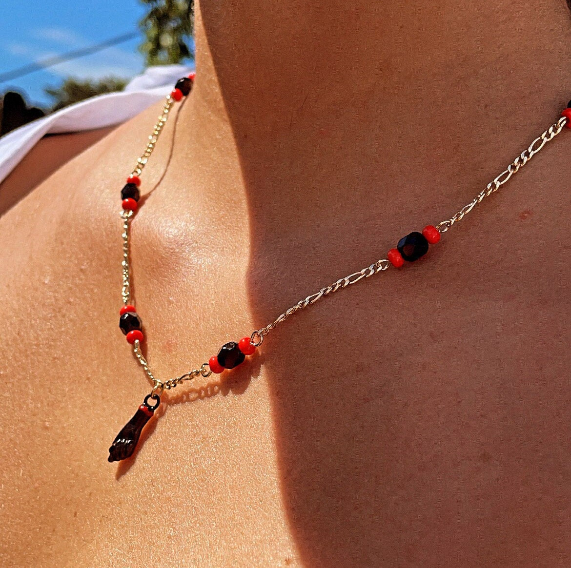 18k Gold Filled Figaro Necklace: Black Figa, Red Beads, Azabache Protection