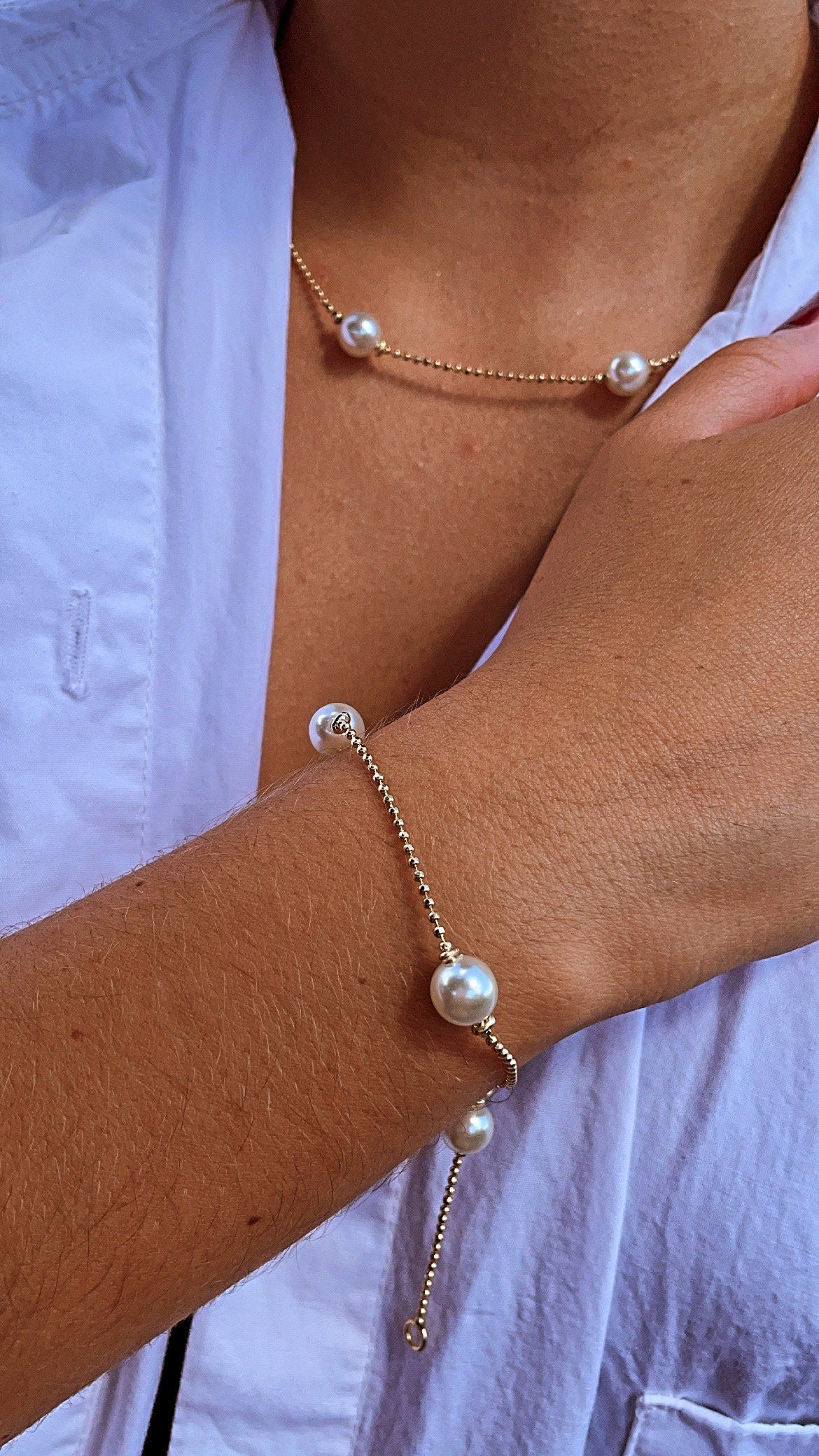 18k Gold Filled Pearl Necklace Bracelet Set: Shinny Ball Chain