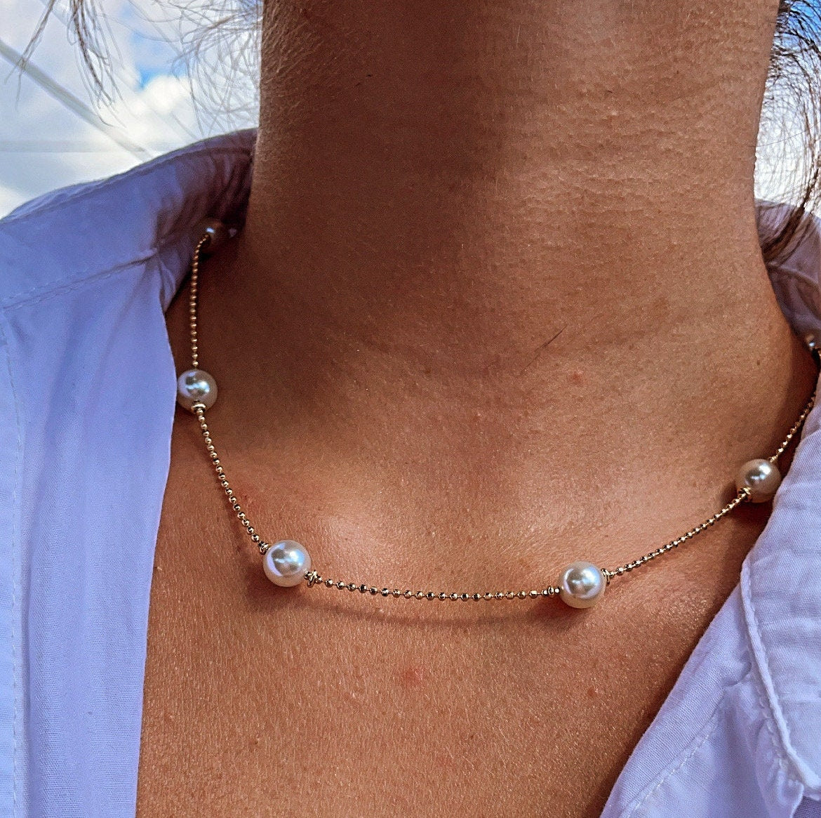 18k Gold Filled Pearl Set with Shinny Ball Chain Available in Necklace or Bracelet , Gift Her