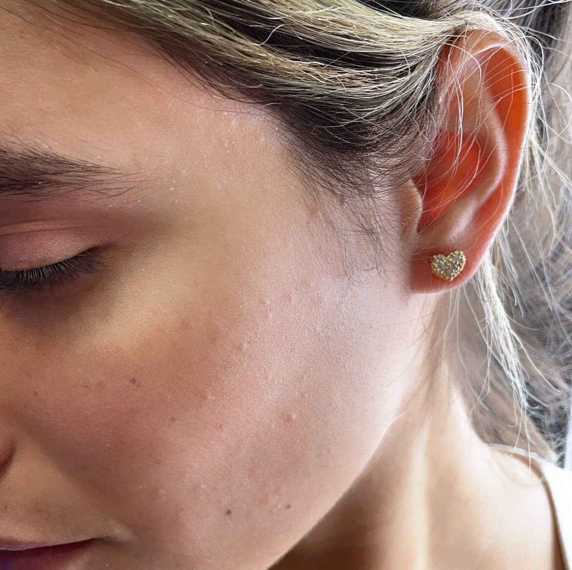18k Gold Filled Dainty Design Pattern Small Heart Stud Earrings Featuring Micro Cubic Zirconia