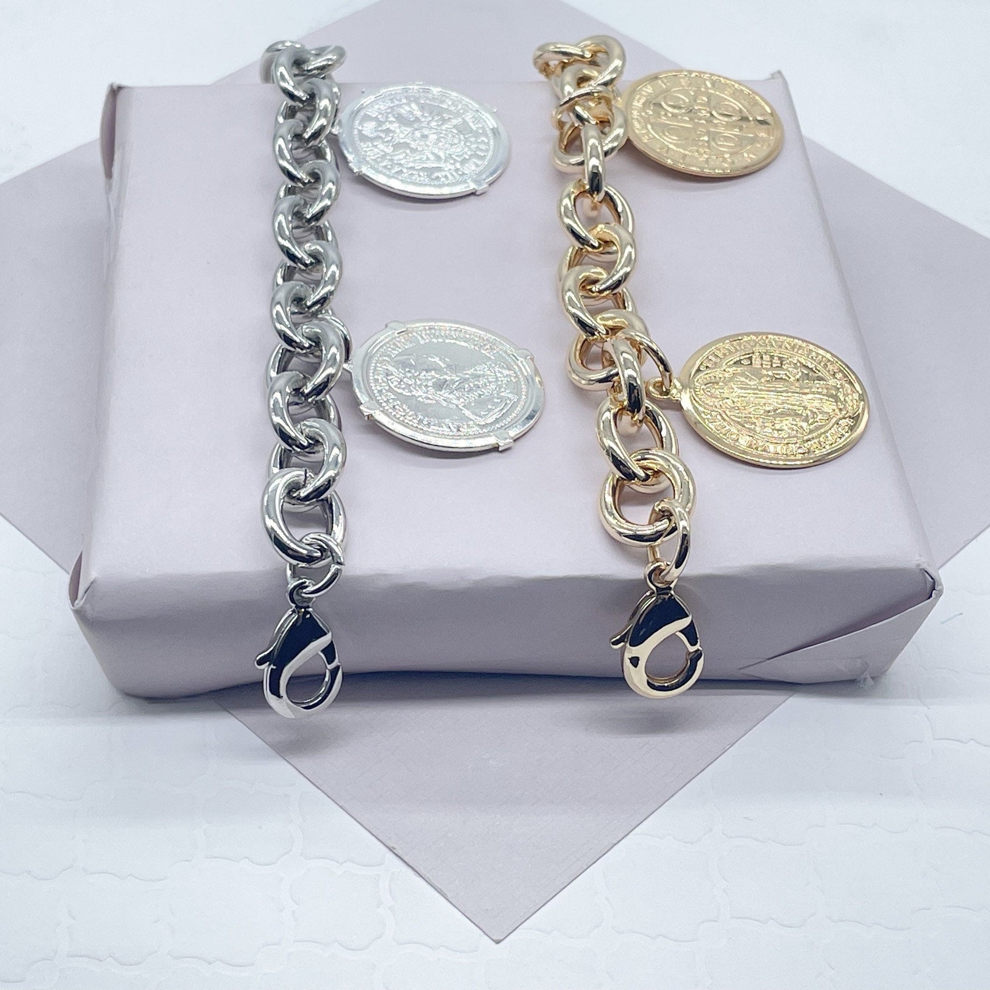 Chunky 18k Gold Filled Coin Money Medallion Charm Bracelet Coin Pendants Lucky Bracelet Link Chain