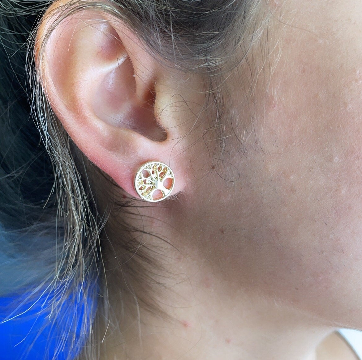 Casting 18k Gold Filled Plain Tree of Life Circle Stud Earrings, Mother Earth Jewelry